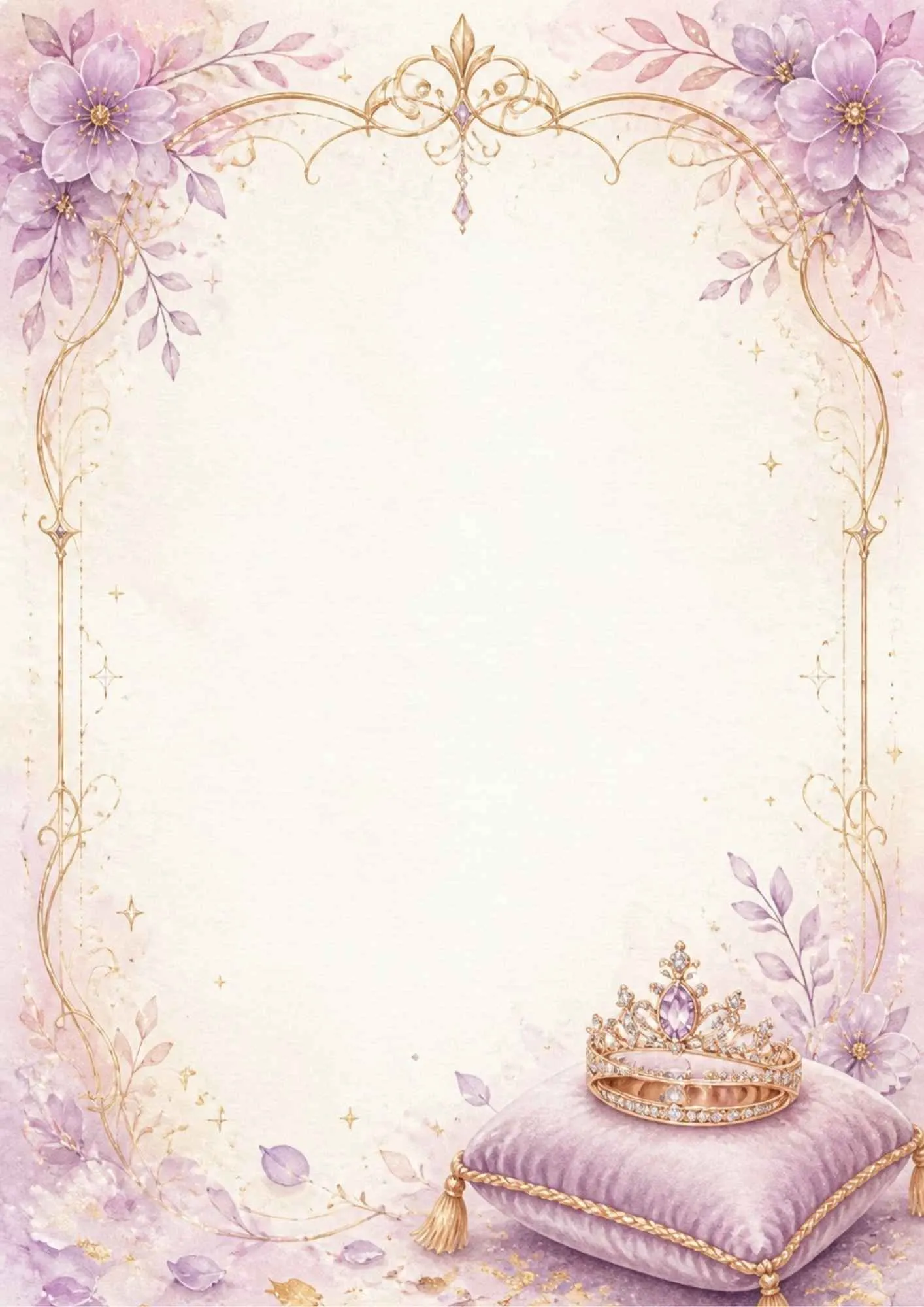 A watercolor writing page featuring a gold tiara ring with a purple amethyst, on a lavender velvet cushion with gold scrolls.
