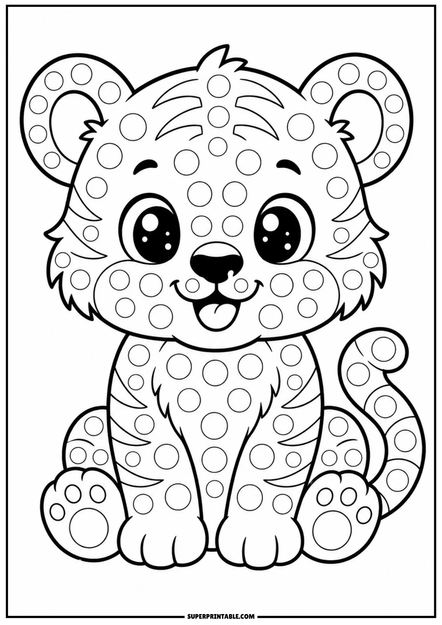 A cute cartoon tiger cub sitting down with stripes, covered in circular dot markers.