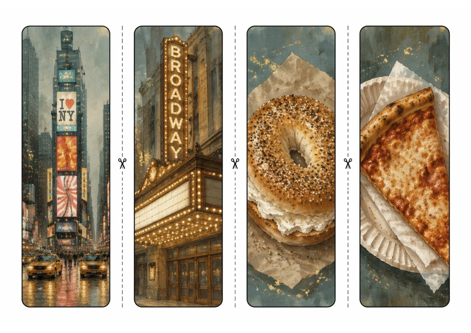 Printable sheet of four vertical bookmarks with watercolor art of illuminated Times Square billboards, Broadway marquee theater, NYC everything bagel with cream cheese, and pizza slice.
