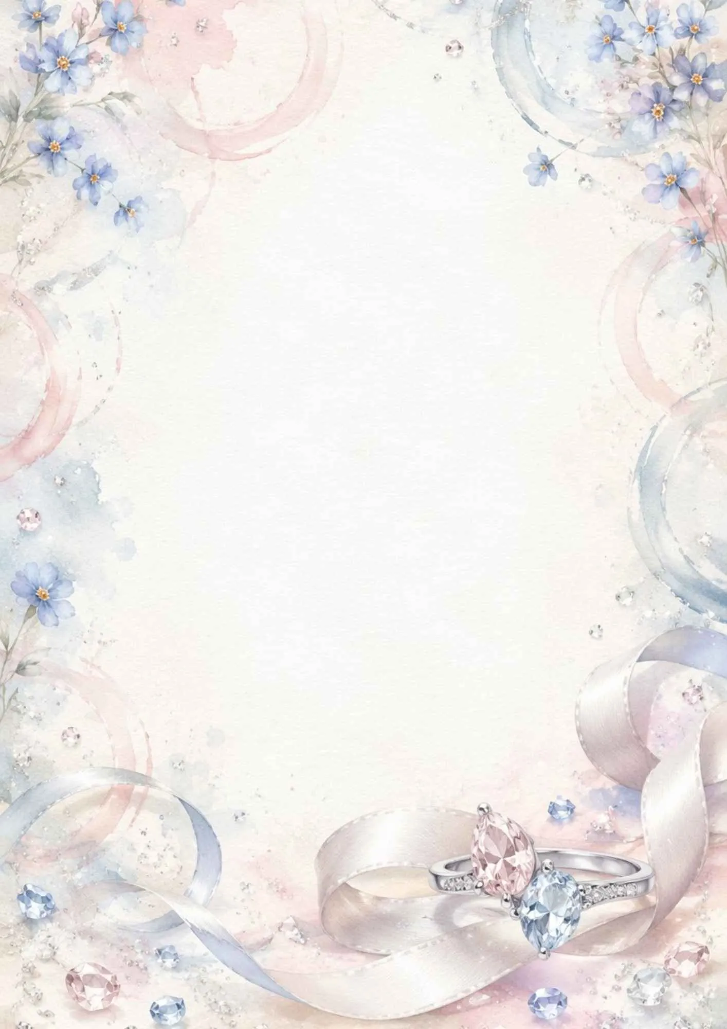 A watercolor writing page showing a silver double-stone engagement ring with blue and pink gems, on a white ribbon scroll.