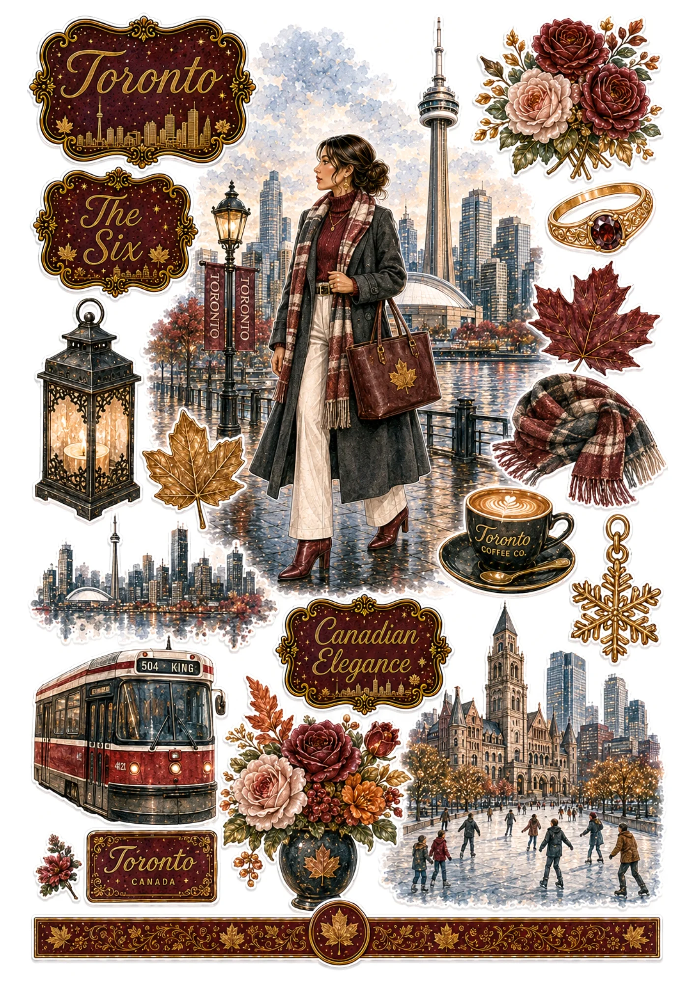 Toronto sticker collection depicting a woman in a charcoal coat on the waterfront with CN Tower, red streetcar, and maple leaf.