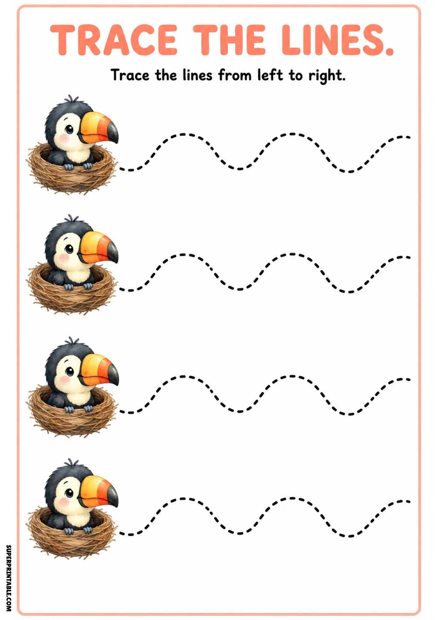 Toucan line tracing worksheet showing four toucans in nests next to smooth wavy dashed lines.