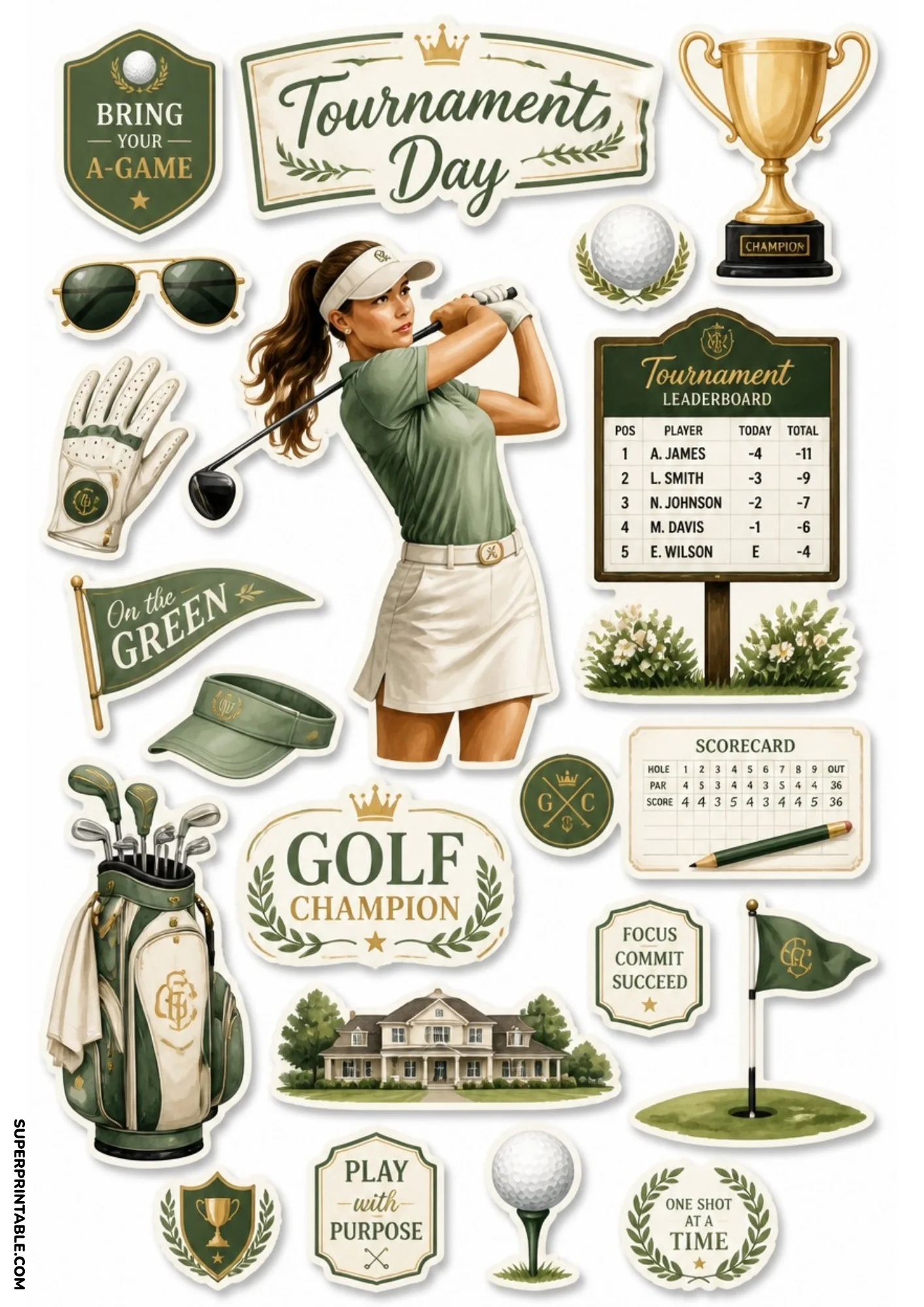 Printable sticker sheet depicting female golfer swinging driver, gold championship trophy cup, tournament leaderboard sign, scorecard, and estate clubhouse.