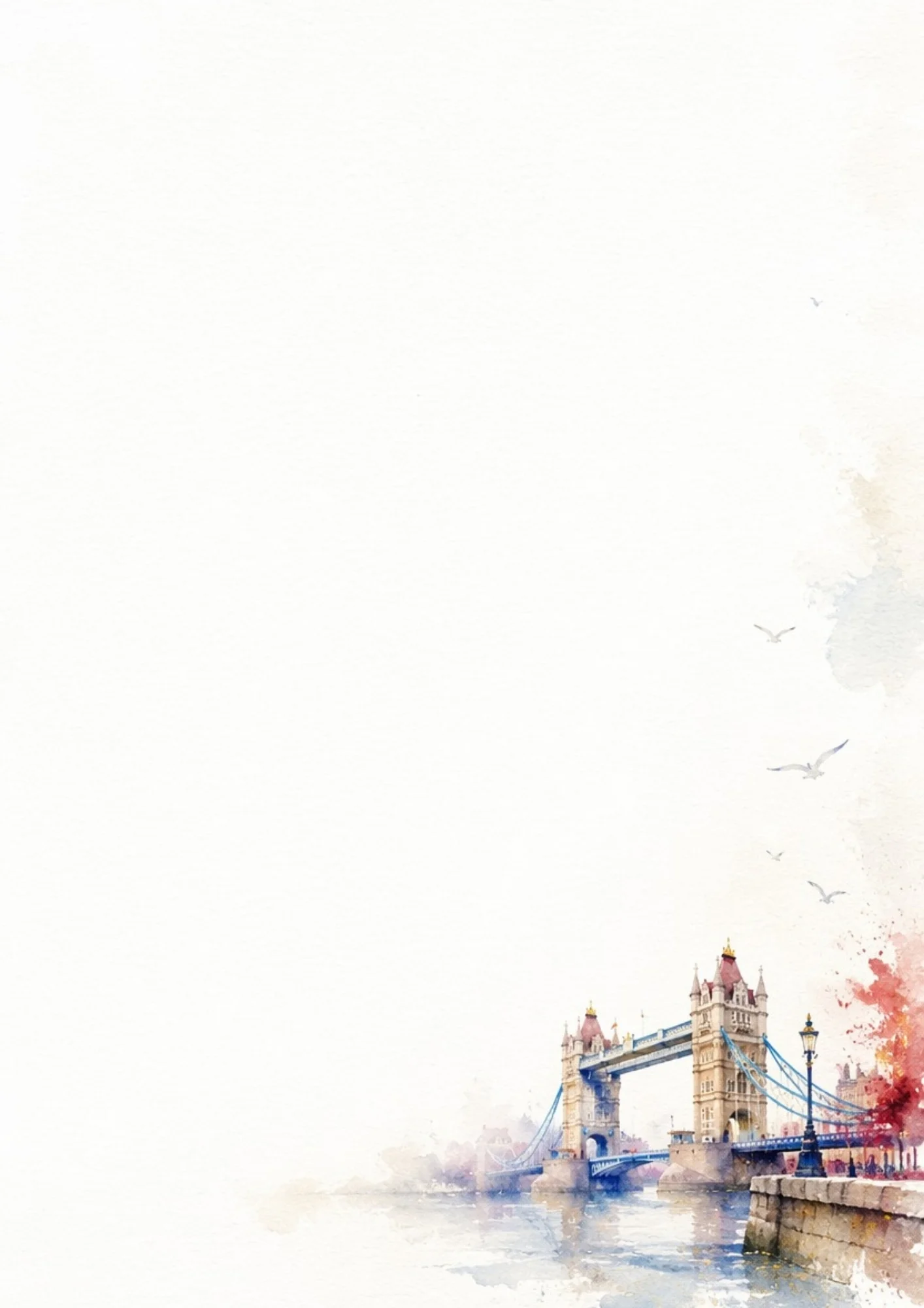 A watercolor painting of the Tower Bridge in London at the bottom right corner of a textured off-white paper, with several seagulls flying in the sky.