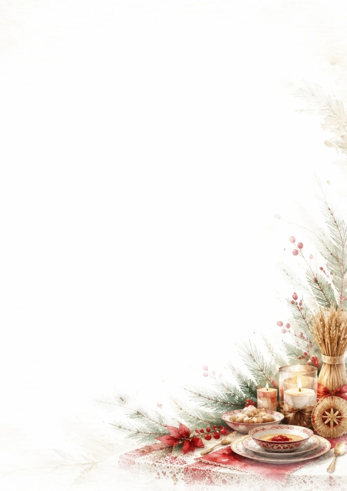 Watercolor painting of a Polish Christmas Eve Wigilia table setting with beetroot soup, dumplings, candles, and pine branches on the bottom of a blank sheet.