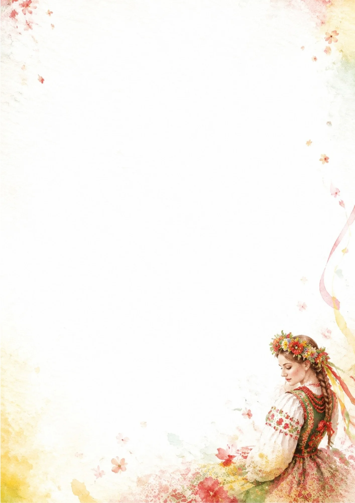 Watercolor depiction of a Polish girl wearing a traditional folk dress and flower wreath in her hair, surrounded by red flowers on the bottom right of a blank sheet.