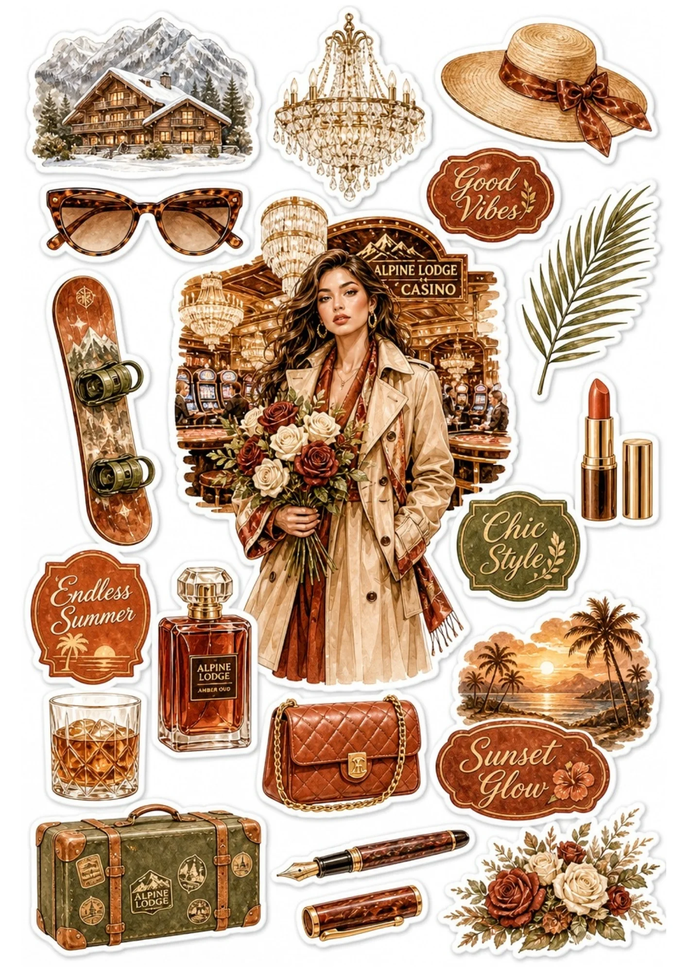 An amber sticker sheet showing a woman holding roses in a trench coat, perfume bottle, brown handbag, chandelier, and snowboard.