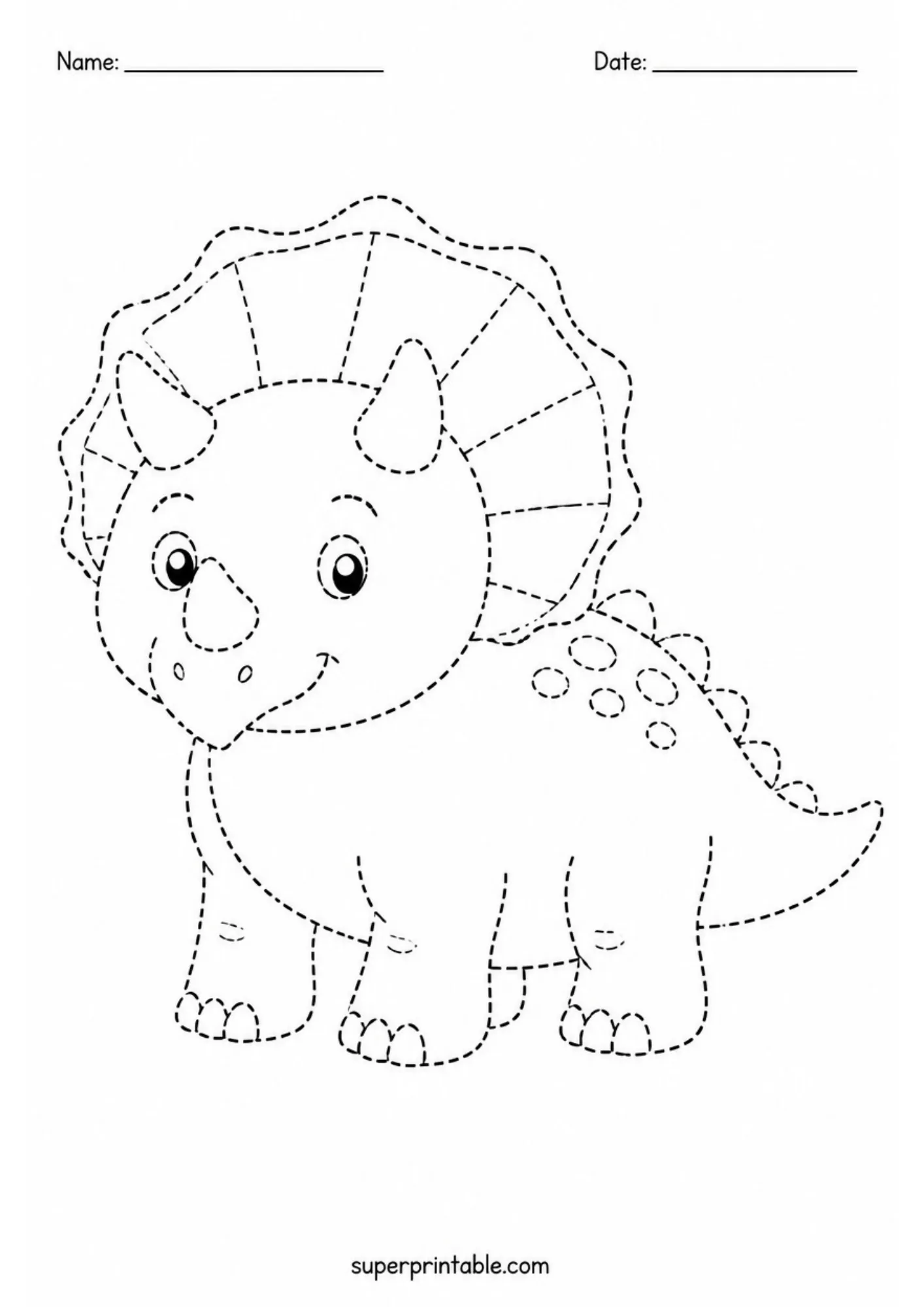 Line tracing worksheet of a cheerful cartoon Triceratops with three horns and a large head frill in dashed outlines.