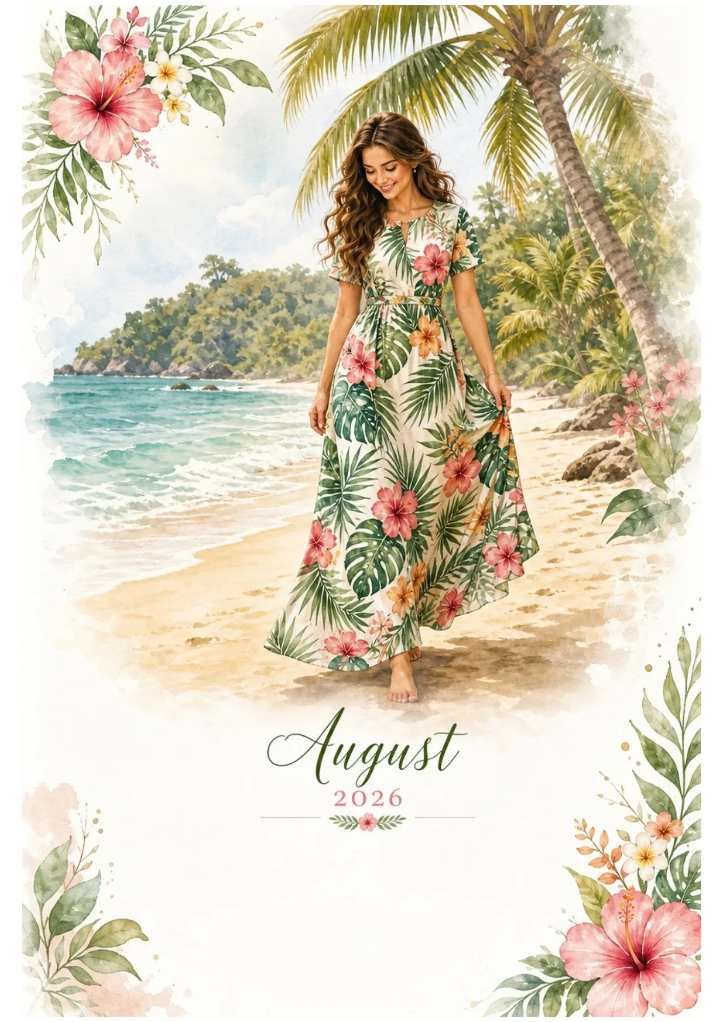 Watercolor drawing of a woman walking on a tropical sandy beach in a palm leaf maxi dress, with the text August 2026 and a blank space below.