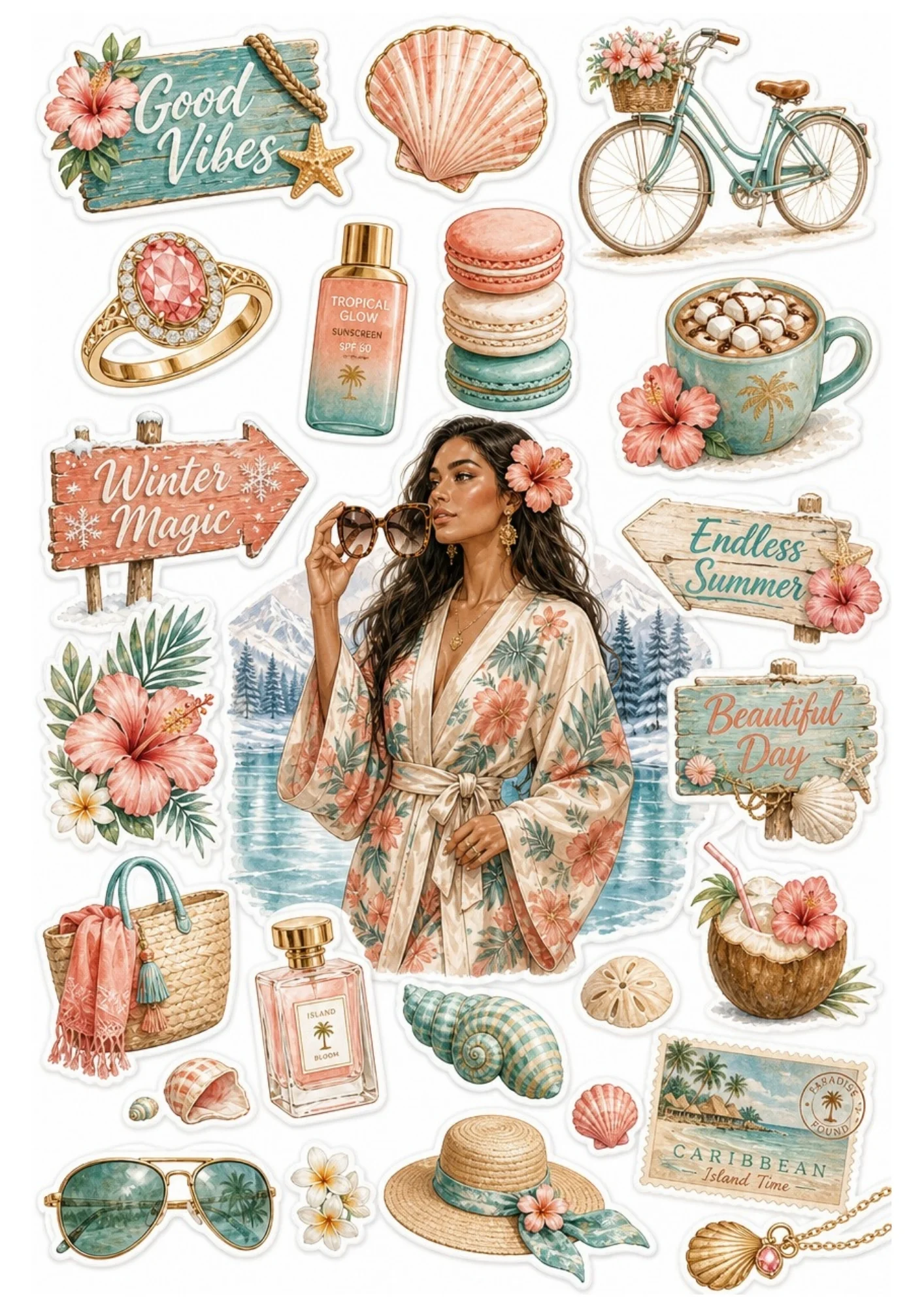 Printable sticker sheet highlighting a woman in a floral kimono, accompanied by tropical items like a Caribbean island stamp, straw hat, coconut drink, bicycle, and perfume.