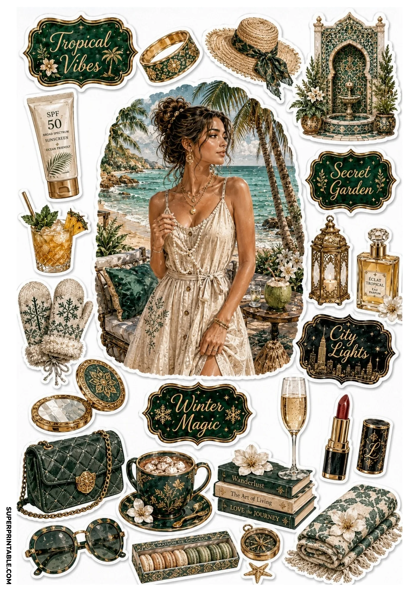 Emerald green tropical sticker sheet with a beach resort scene, green tile fountain, iced cocktail, macaron box, and travel badges.