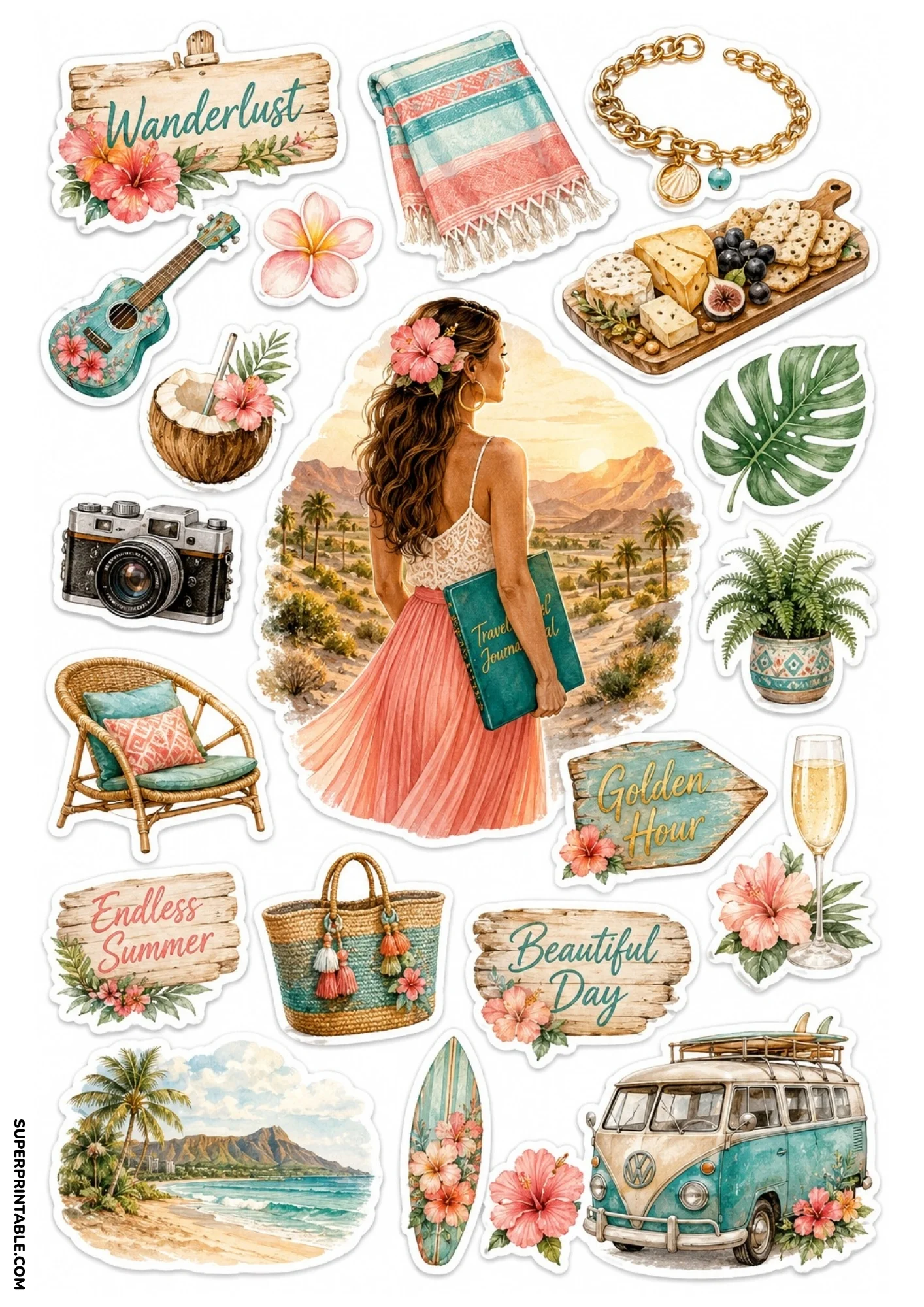 Printable sticker sheet with a center illustration of a woman holding a travel journal, surrounded by a teal camper van, surfboard, wicker chair, straw bag, tropical beach scene, and wooden text signs.