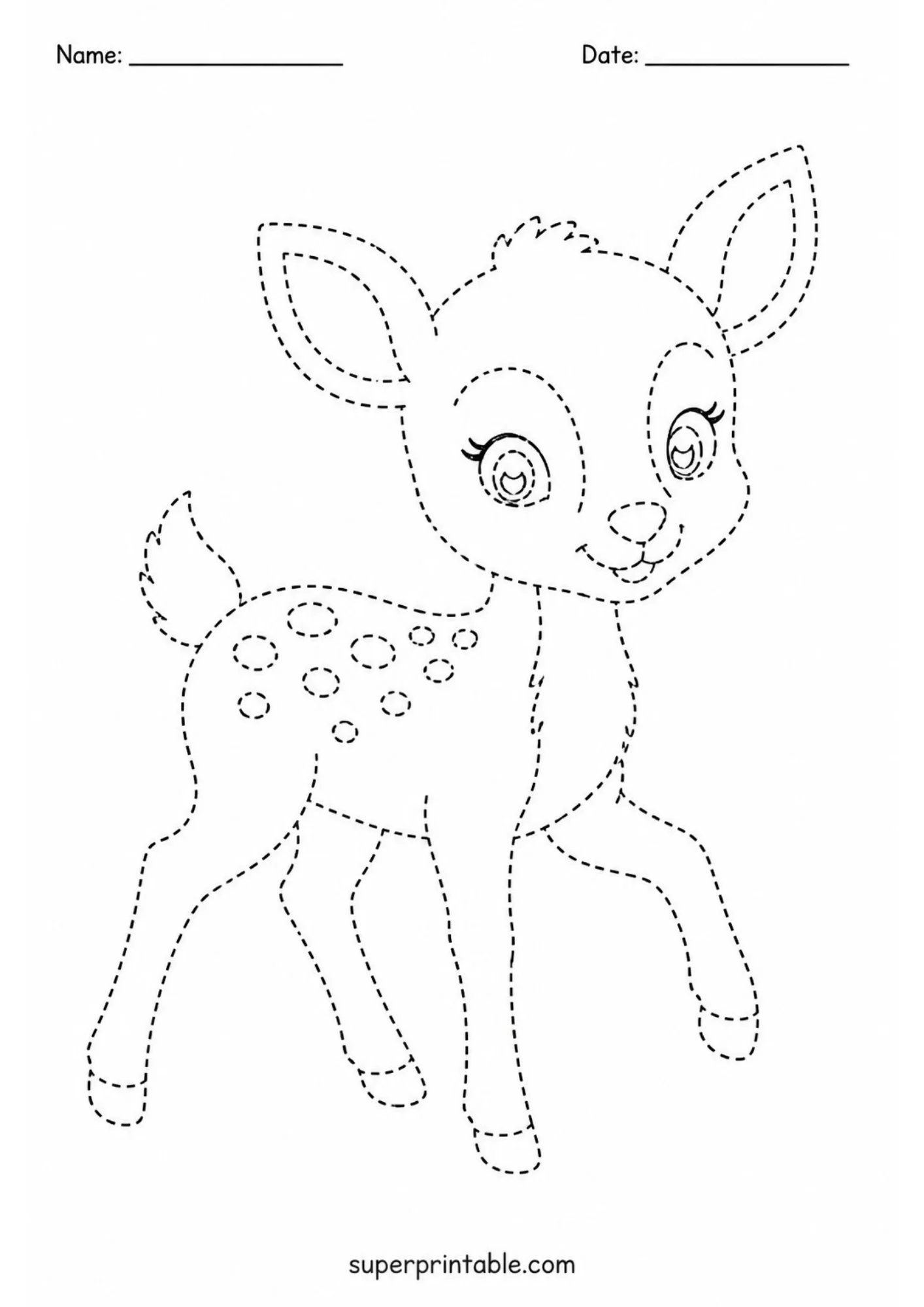 Tracing worksheet featuring a playful cartoon fawn walking forward with one leg lifted, pointed ears, and spots, rendered in clear dashed lines.