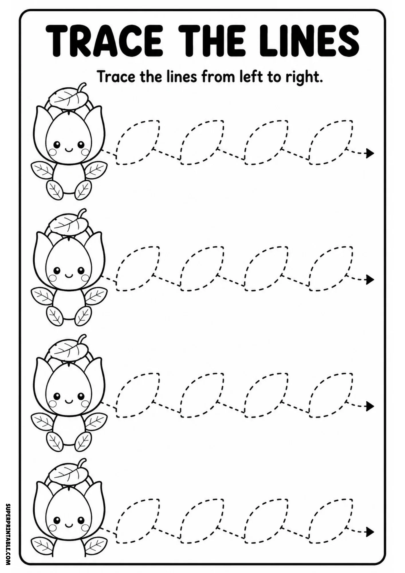 Black and white line art tracing page showing four tulip fairies and dashed leaf segment tracing paths with arrow endpoints.