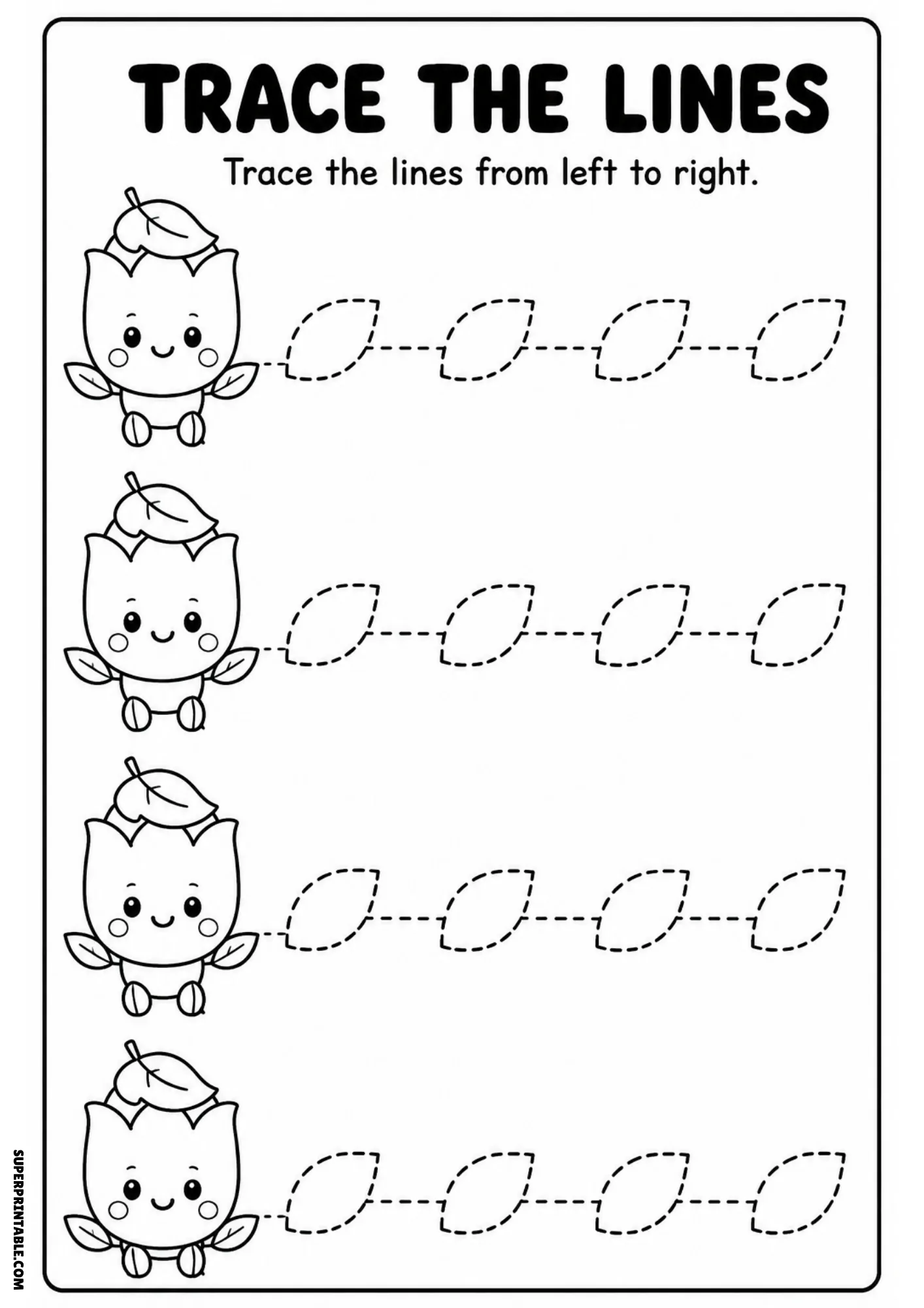 Black and white line art worksheet showing four cute tulip fairies with leaf-shaped segment dashed tracing lines.