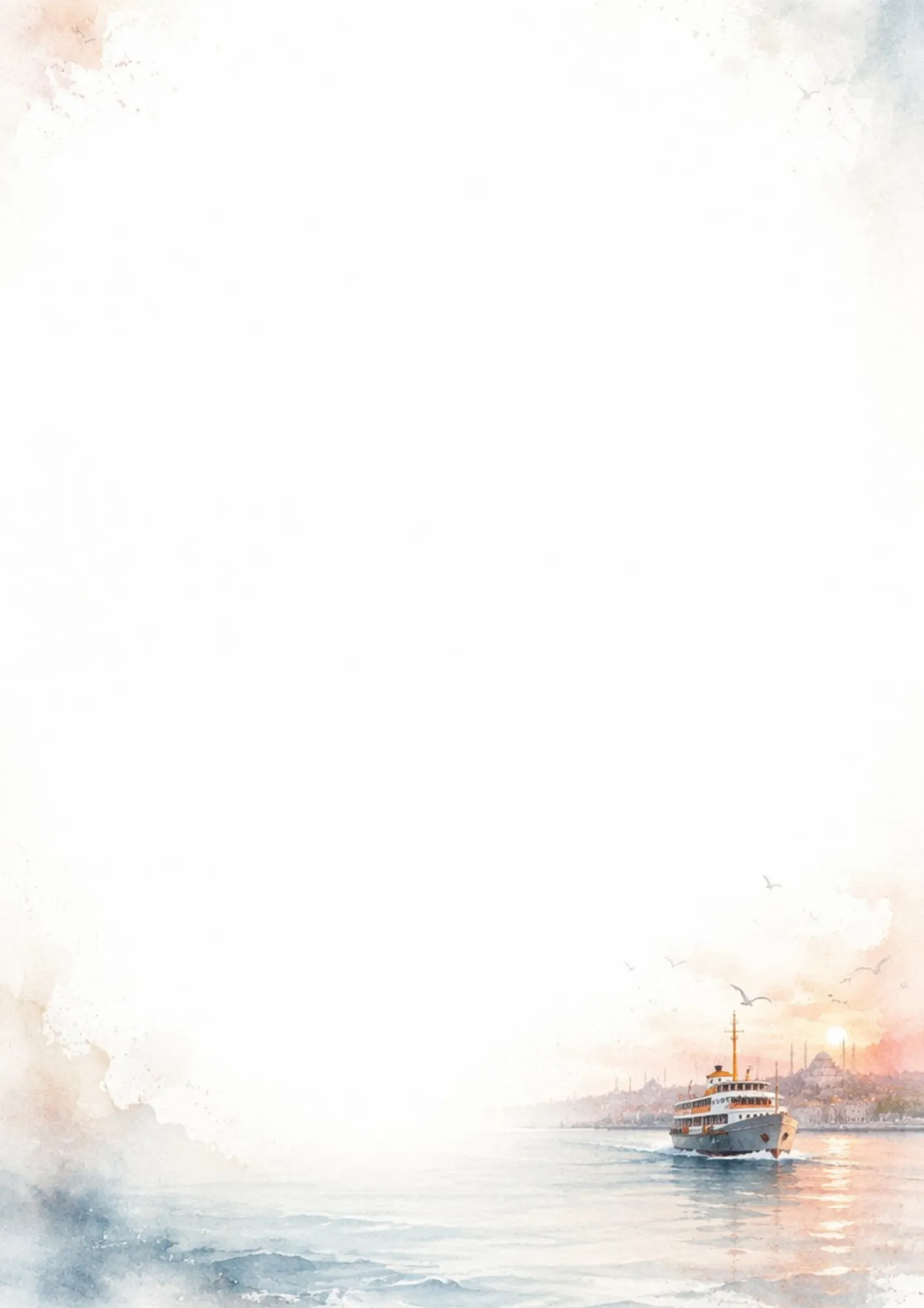 A cozy writing page featuring a traditional tulip-shaped glass of Turkish tea on a small saucer, with steam rising and sugar cubes on a wooden table, in a warm amber watercolor border.