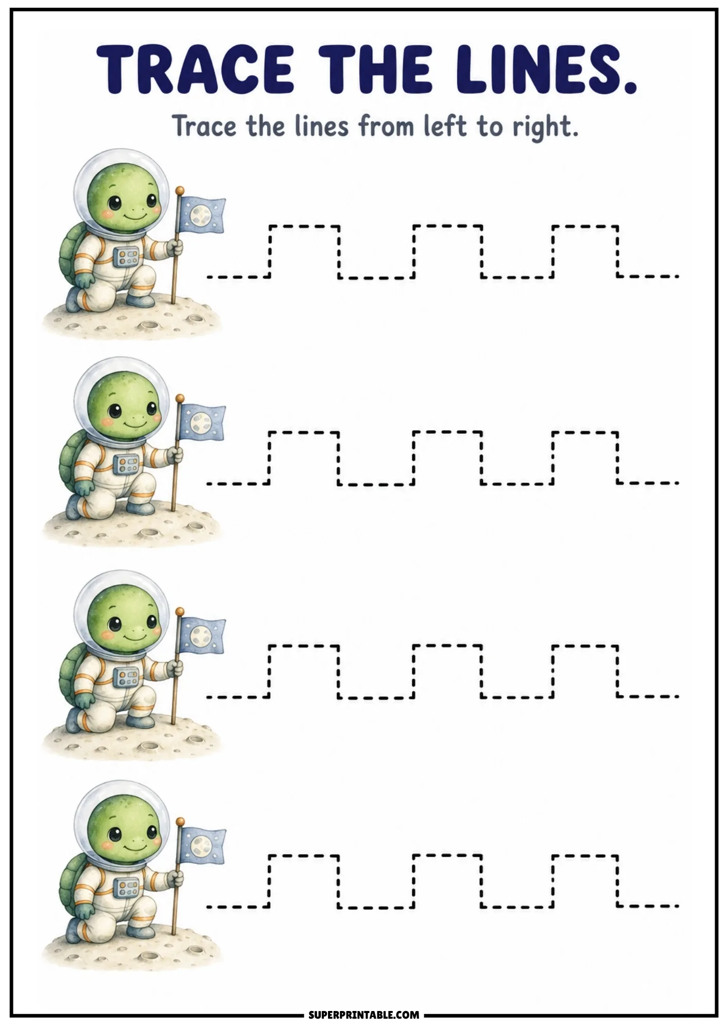 Line tracing page depicting turtle astronauts on the moon next to square battlement dashed lines.
