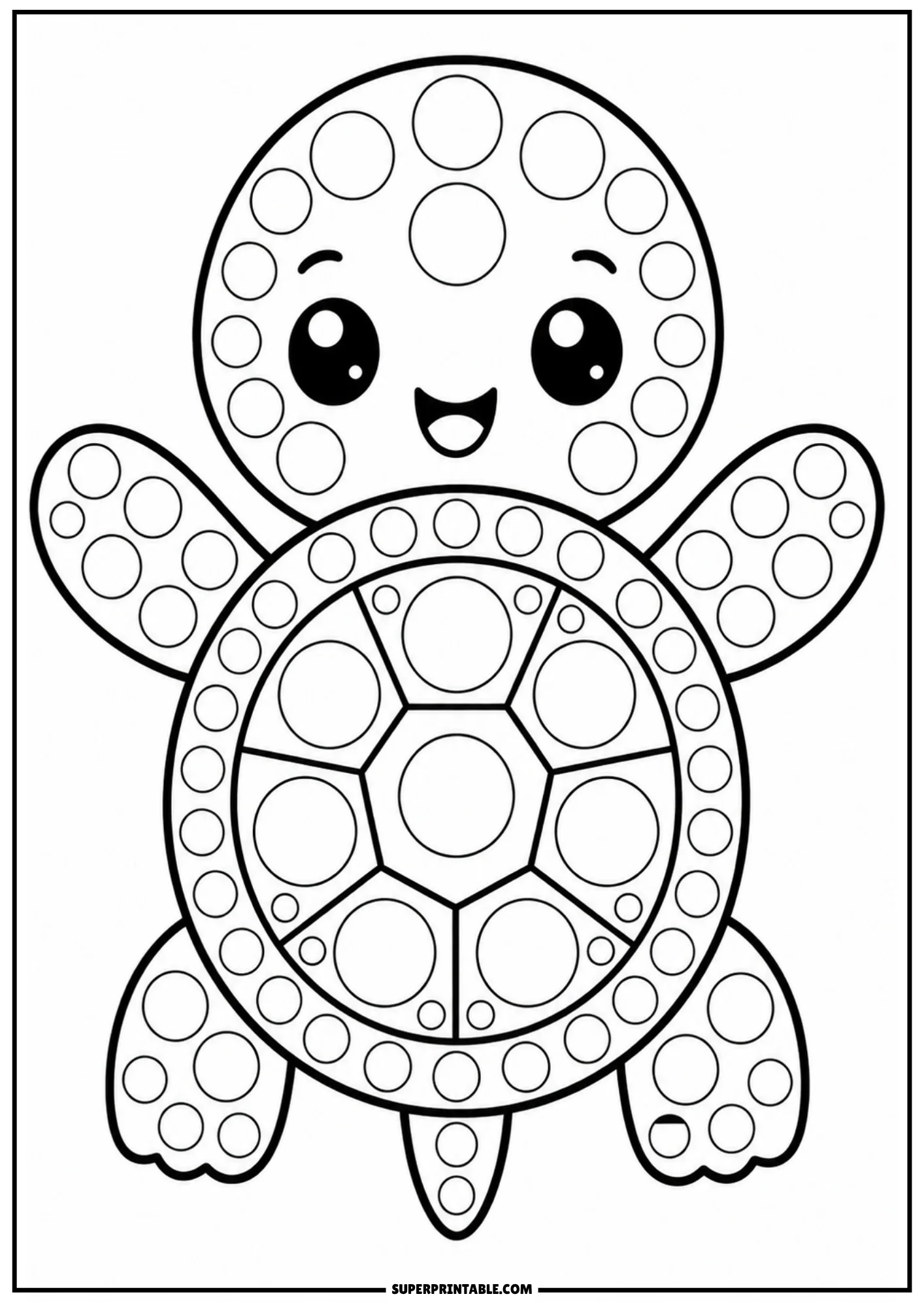 A cute cartoon baby turtle smiling with its flippers spread, covered in circular dot markers.