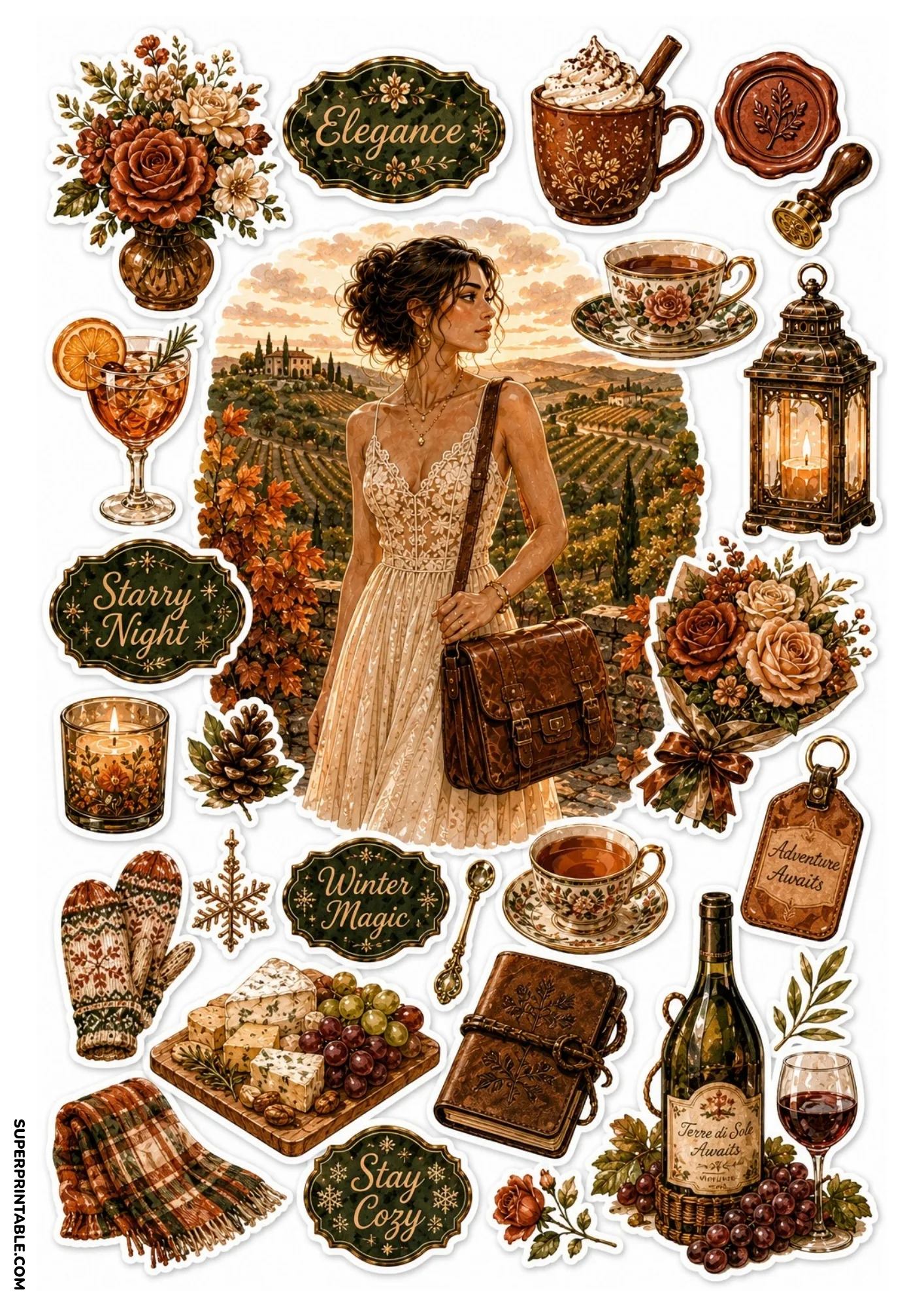Sticker sheet featuring a woman in a vineyard sunset surrounded by rustic wine and cozy evening stickers.