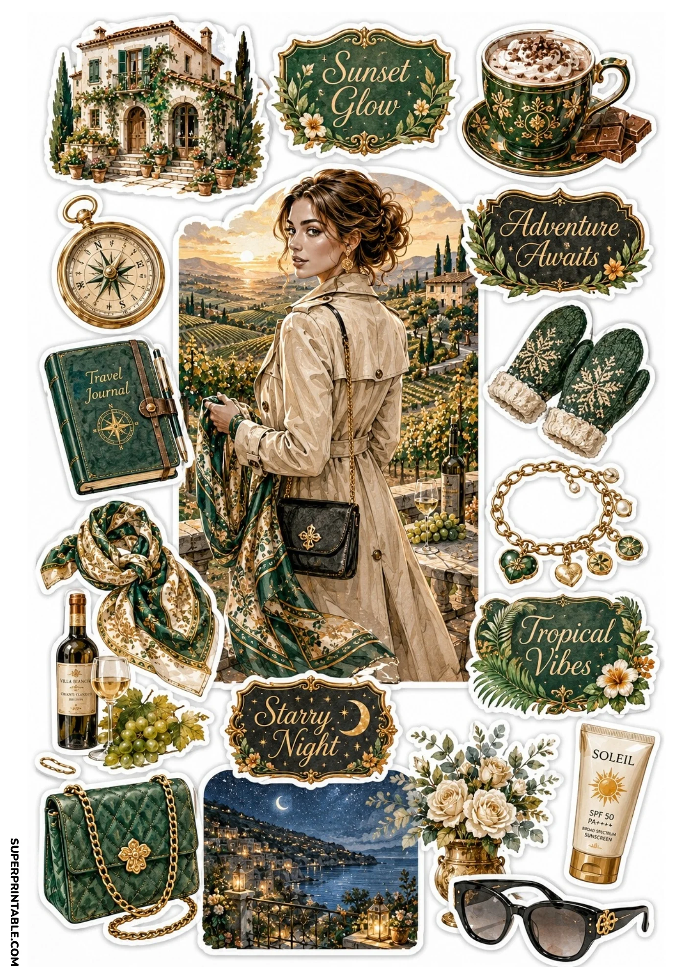Printable sticker set featuring a woman in a beige coat overlooking a vineyard, green leather travel journal, wine bottle, green silk scarf, and night coastal town.