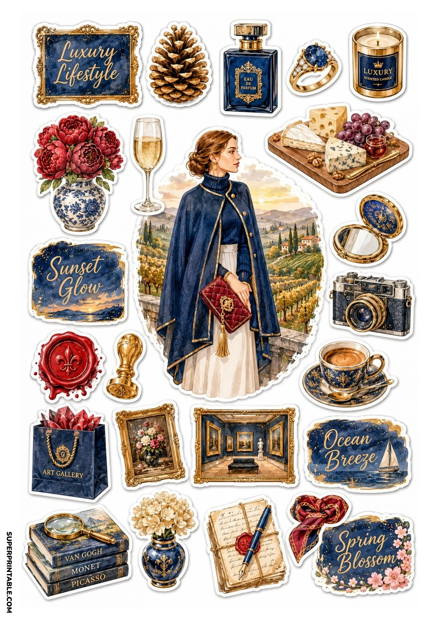 Printable sticker sheet with a central illustration of a woman overlooking a Tuscan vineyard sunset, paired with perfume bottles, vintage camera, and cheese platter.