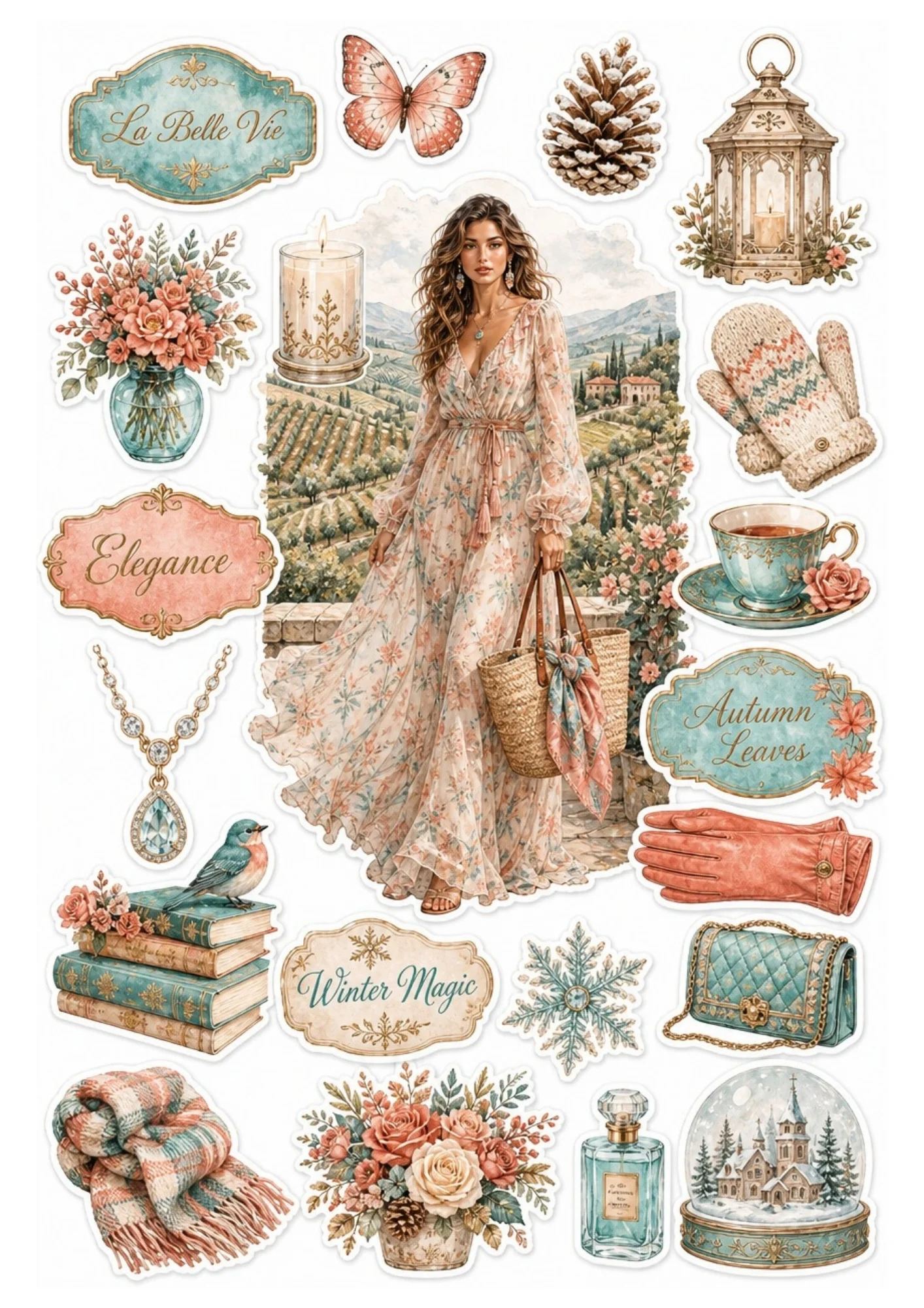 Printable stickers featuring a woman in a floral maxi dress in a vineyard.