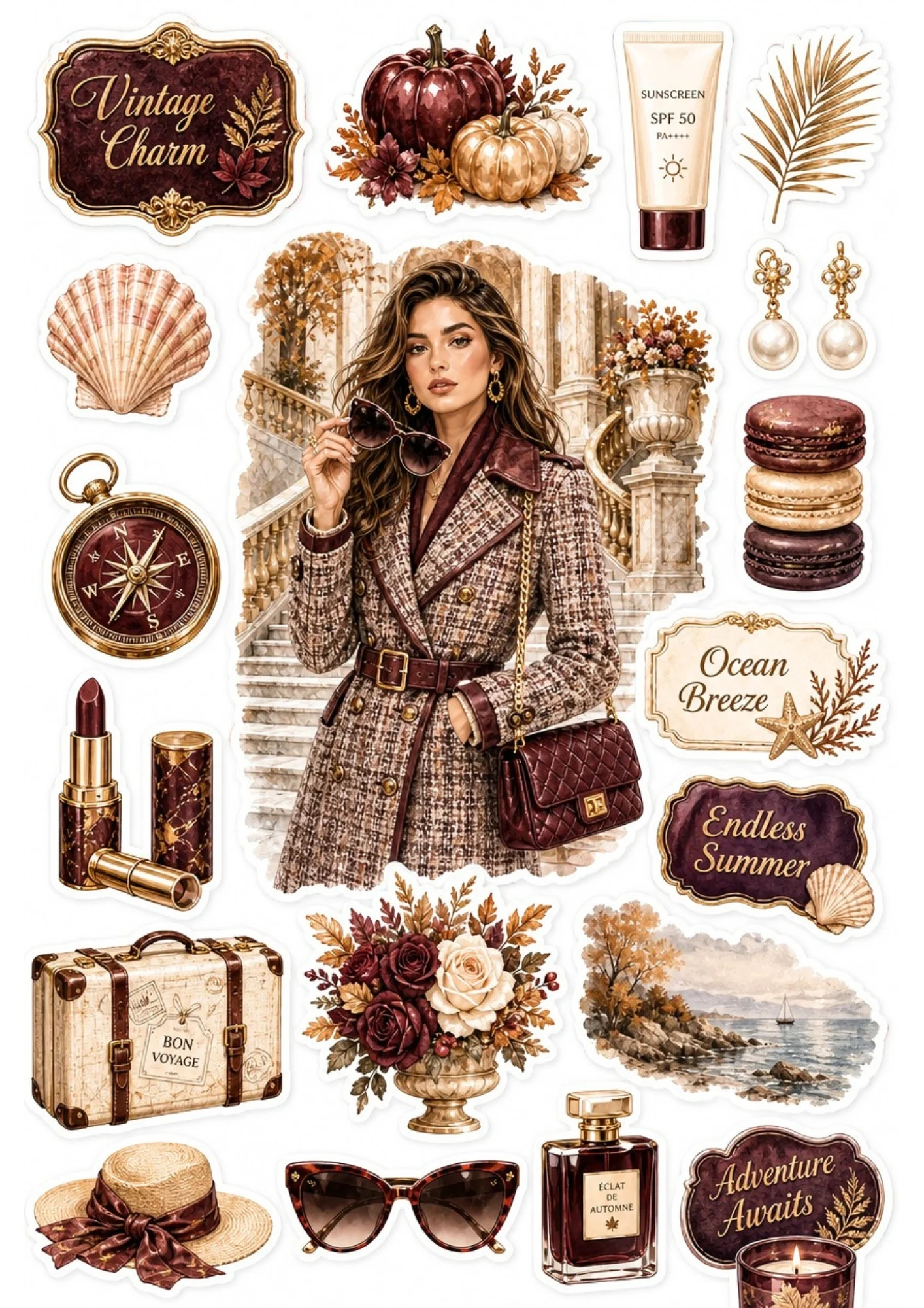 A printable sticker sheet showing a woman in a tweed coat on marble steps, with sunscreens, golden compasses, suitcases, and seaside landscape artwork.