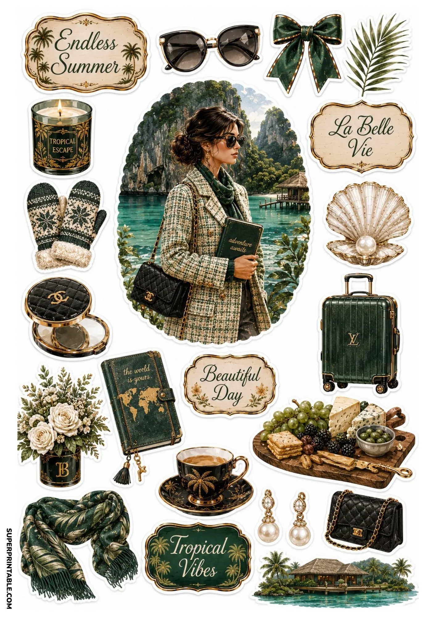 Tropical island sticker sheet featuring a woman in a tweed jacket holding an adventure book, green luggage, and overwater bungalows.
