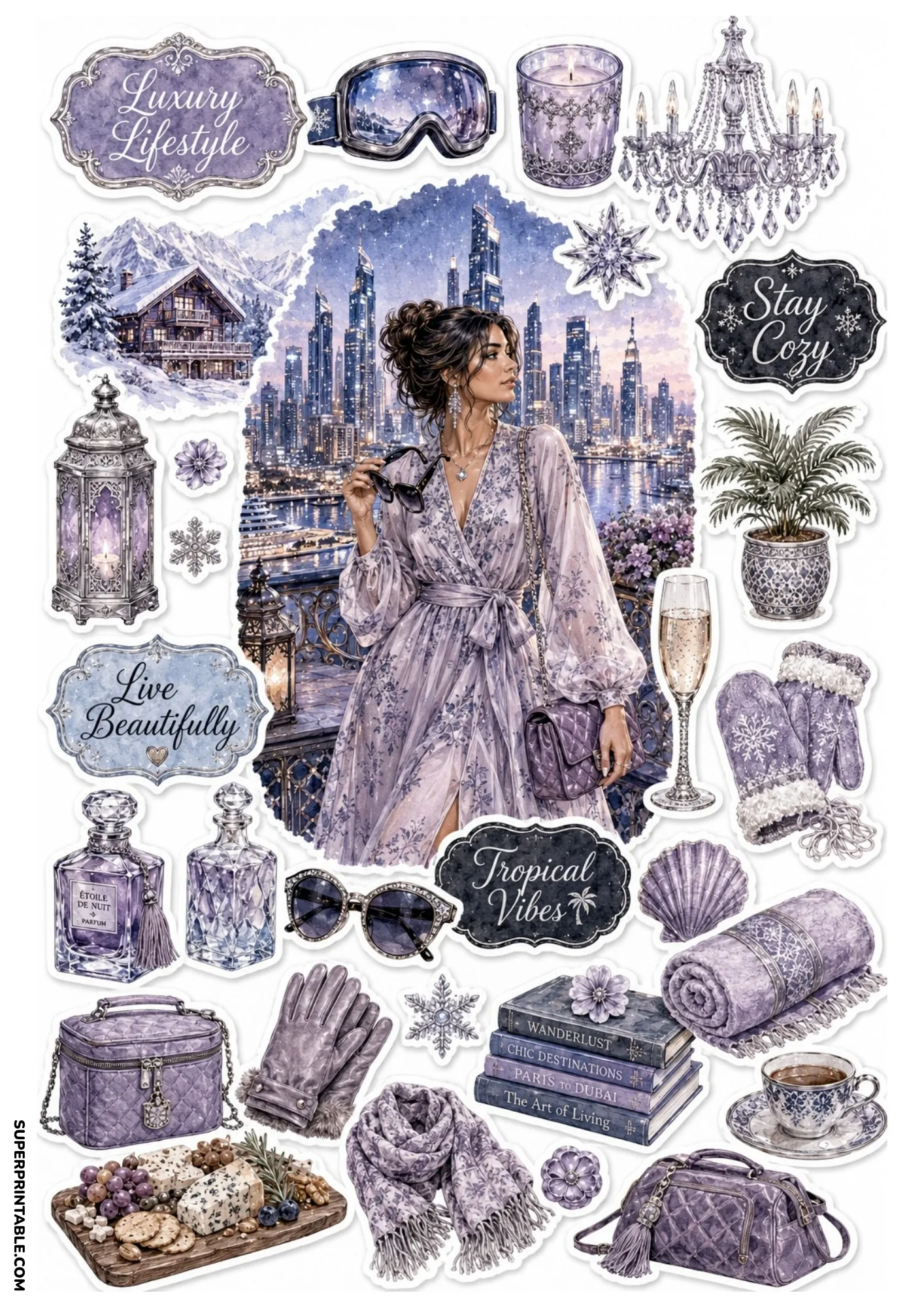 Twilight purple sticker sheet featuring a luxury balcony scene, mountain chalet, book stack, chandelier, and cozy winter items.
