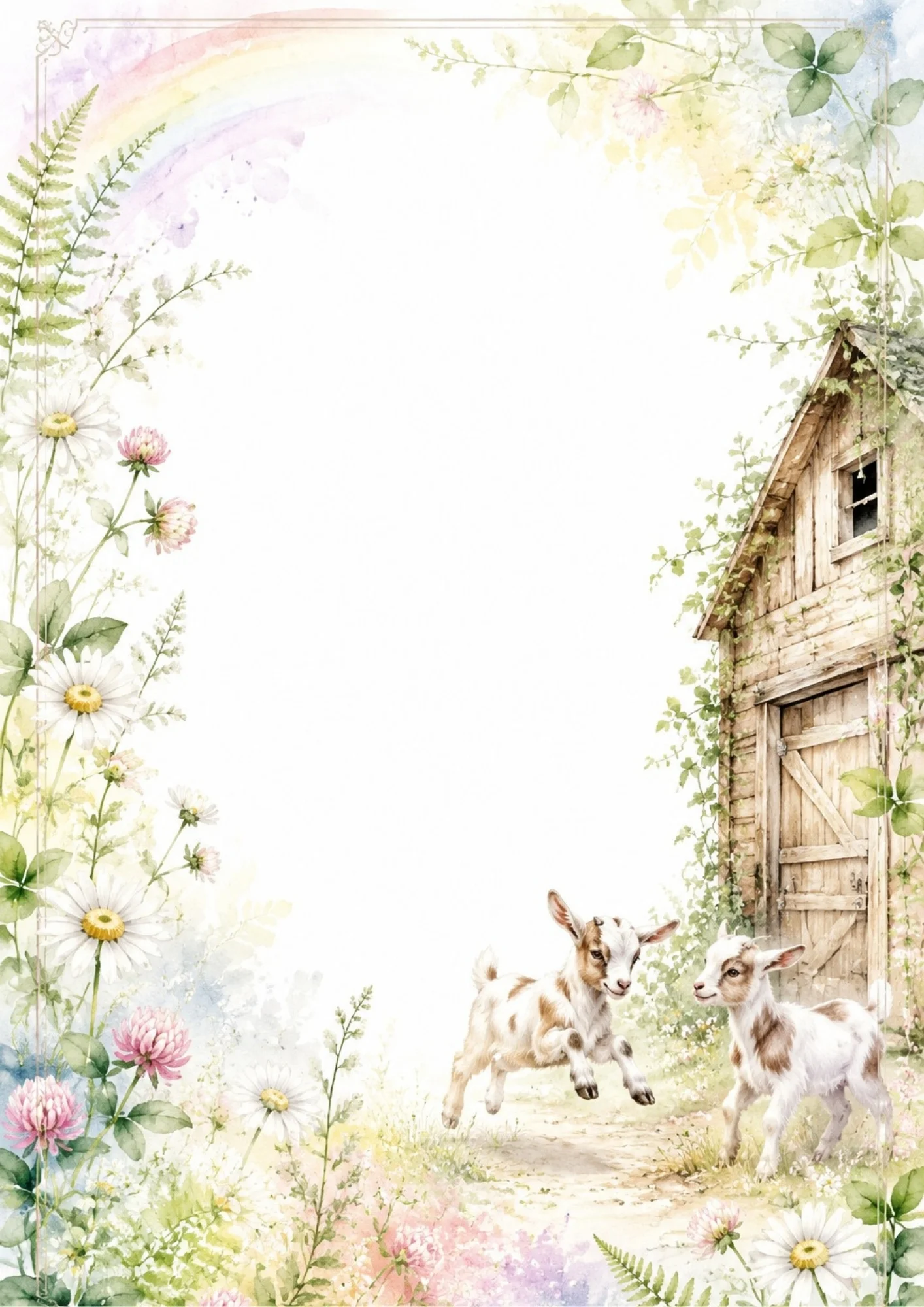 Two spotted baby goat kids play near a wooden barn under a rainbow arc.