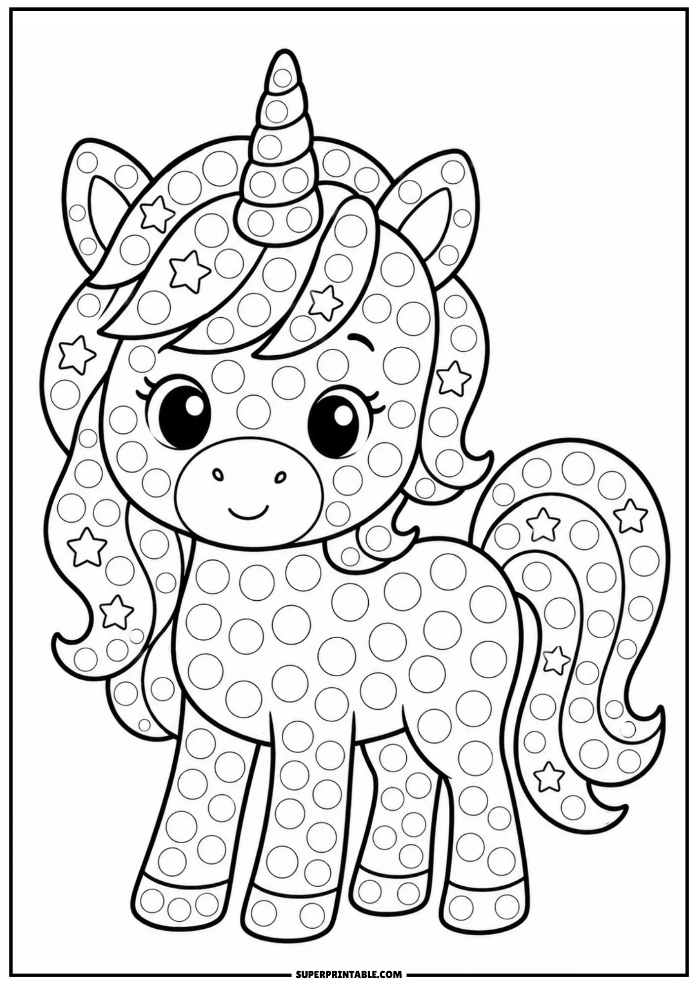 A cute cartoon unicorn standing on all fours with a spiral horn and stars, covered in circular dot markers.