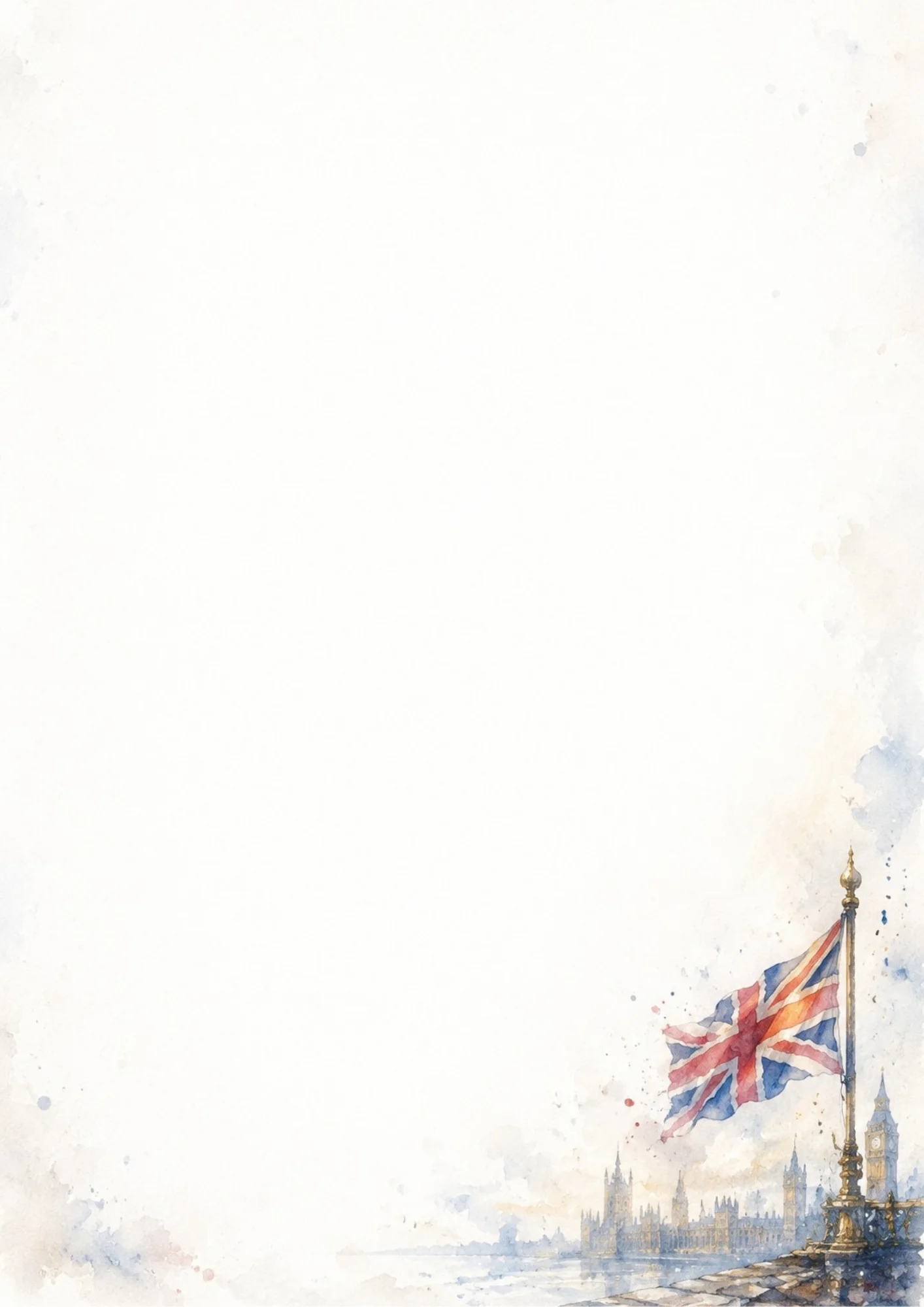A watercolor painting of the Union Jack flag flying on a pole on the bottom right corner, with the Houses of Parliament and Westminster Bridge in the background cityscape.