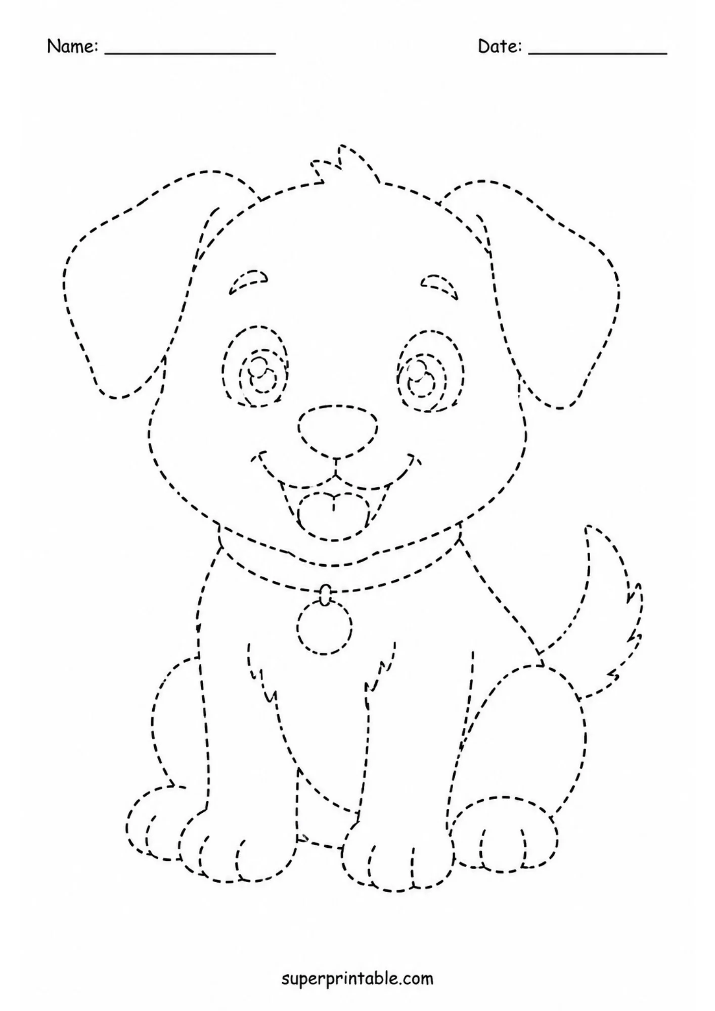 Dotted line tracing worksheet featuring a cartoon puppy sitting upright facing front, with big round eyes, floppy ears, and collar tag.