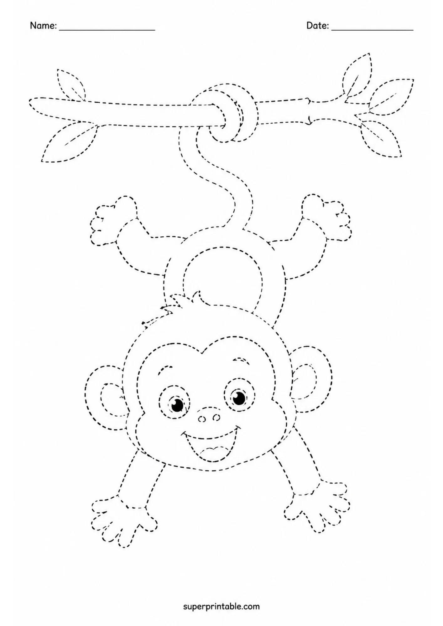 Black and white dashed line tracing page featuring a baby monkey hanging upside down from a leafy tree branch by its curled tail.