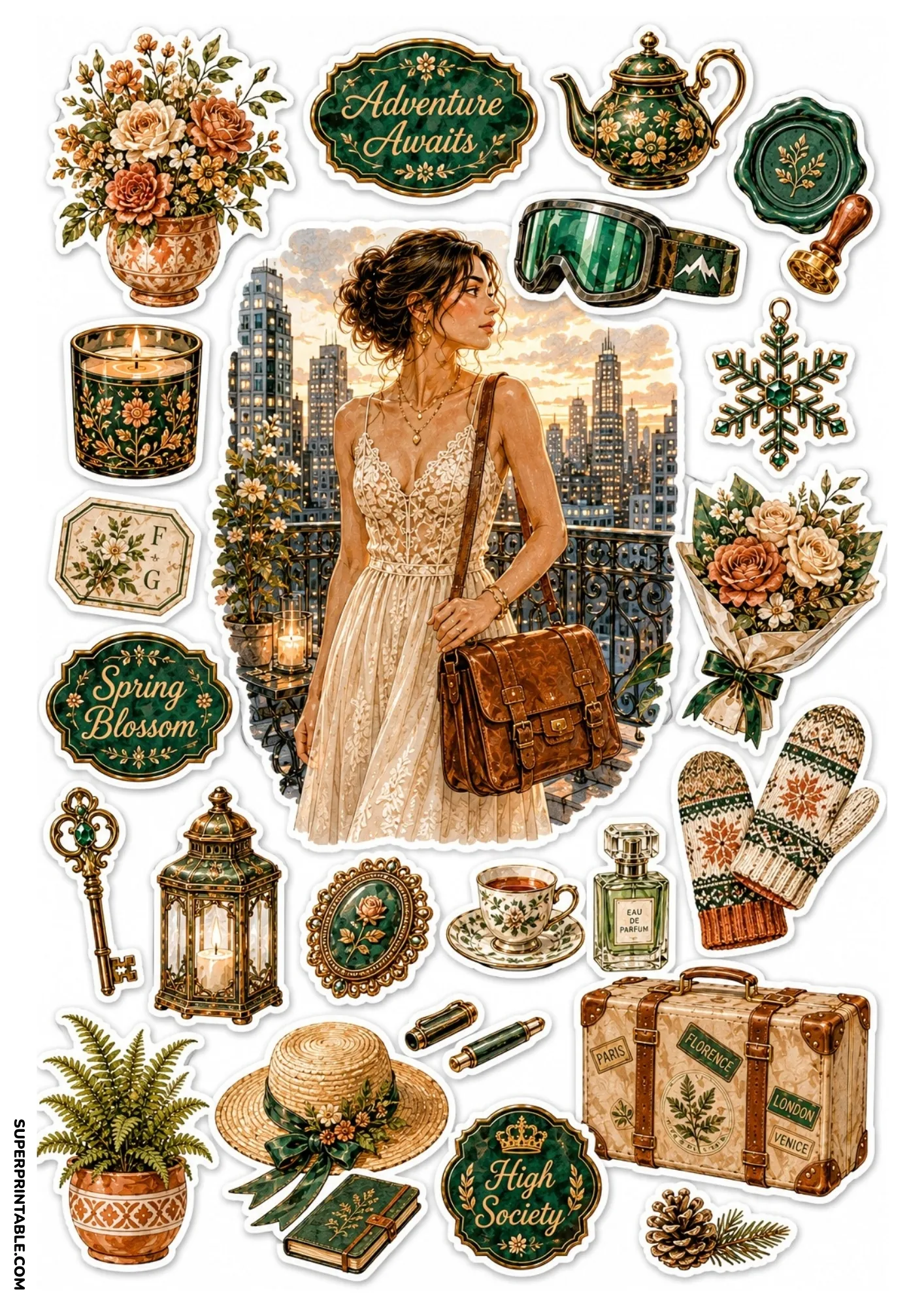 Printable sticker sheet with a woman on a skyscraper balcony and vintage green decor stickers.