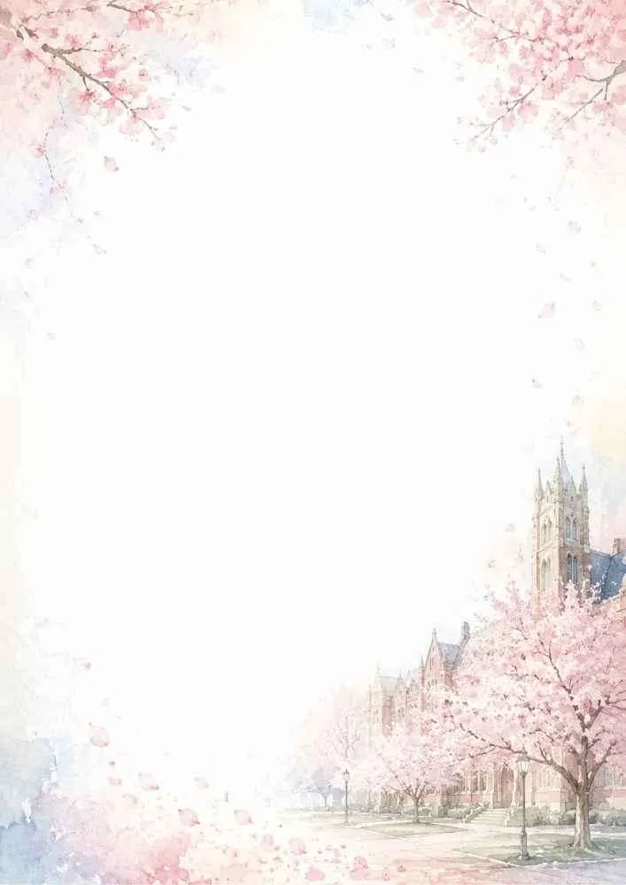 A soft pink writing page featuring University of Washington cherry blossom trees in full bloom around gothic campus architecture with falling petals.