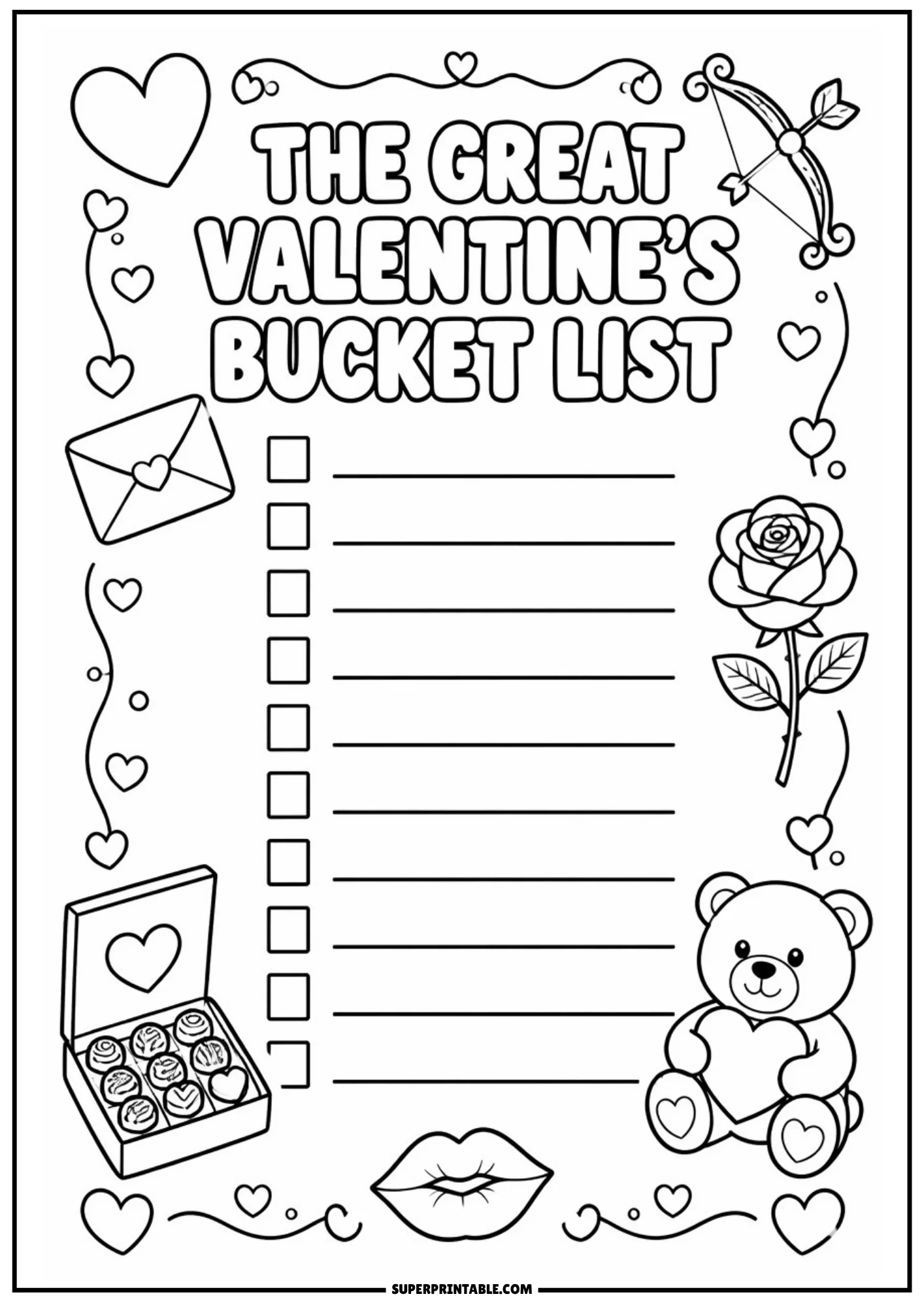 Printable Valentine's Day bucket list page with 10 checkable lines, a love letter envelope, rose flower, chocolate box, teddy bear holding a heart, and Cupid bow.