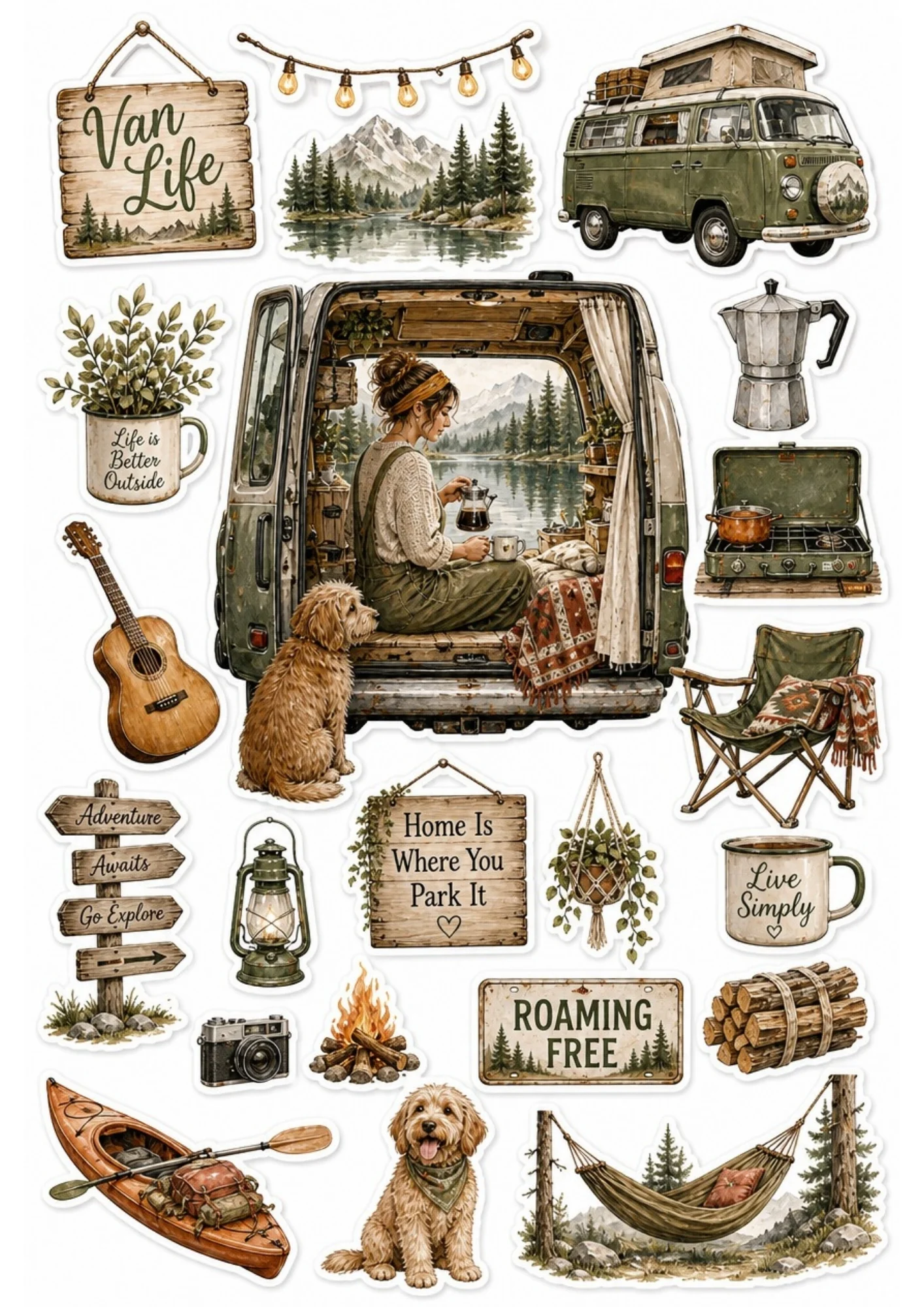 A girl pouring coffee in the back of a vintage van overlooking a lake with her dog. Surrounding stickers include camper vans, kayaks, camp stoves, acoustic guitars, and text saying 'Van Life' and 'Home Is Where You Park It'.