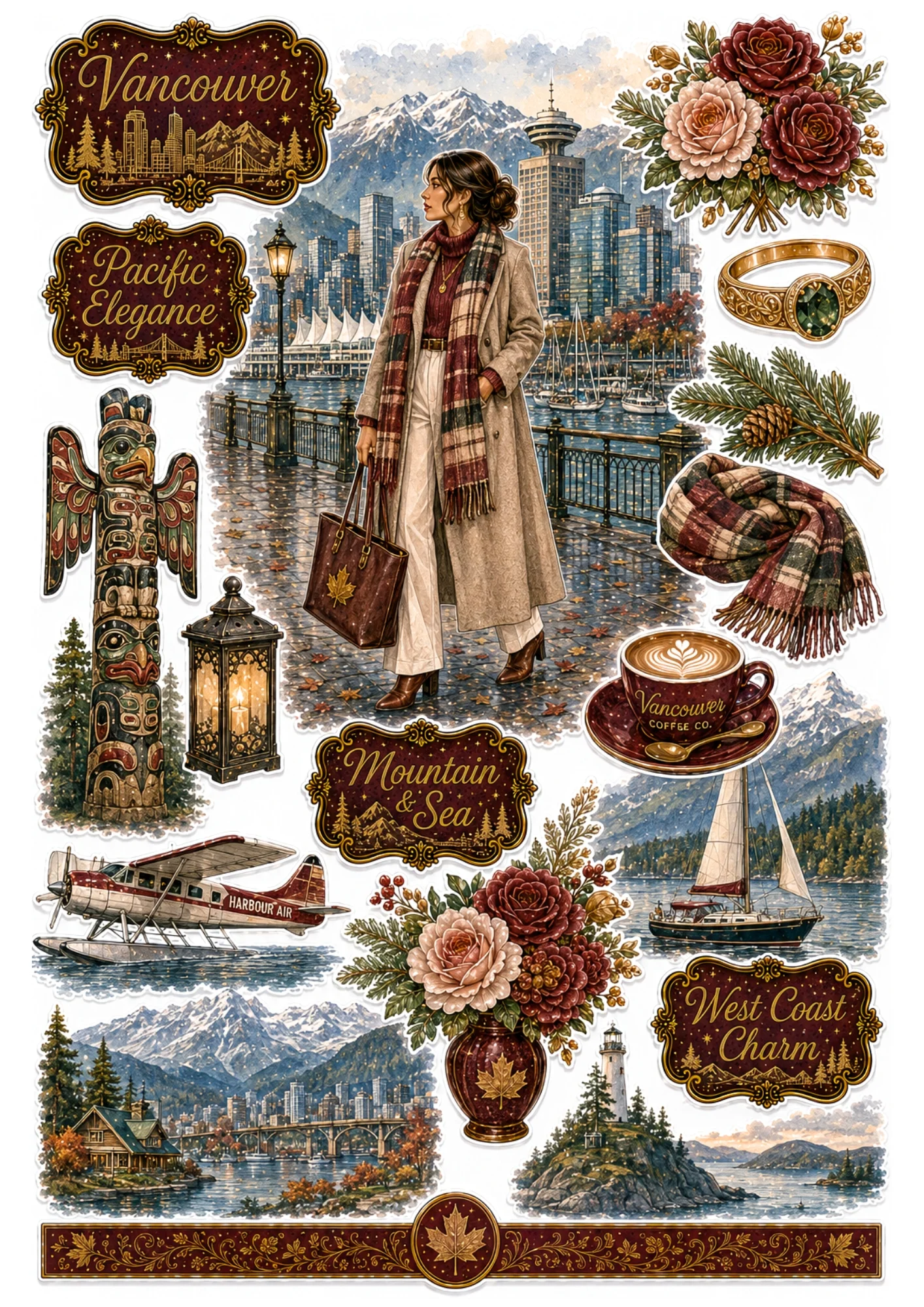 Vancouver sticker sheet showing a woman in a beige coat along Coal Harbour with seaplane, totem pole, and snow mountains.