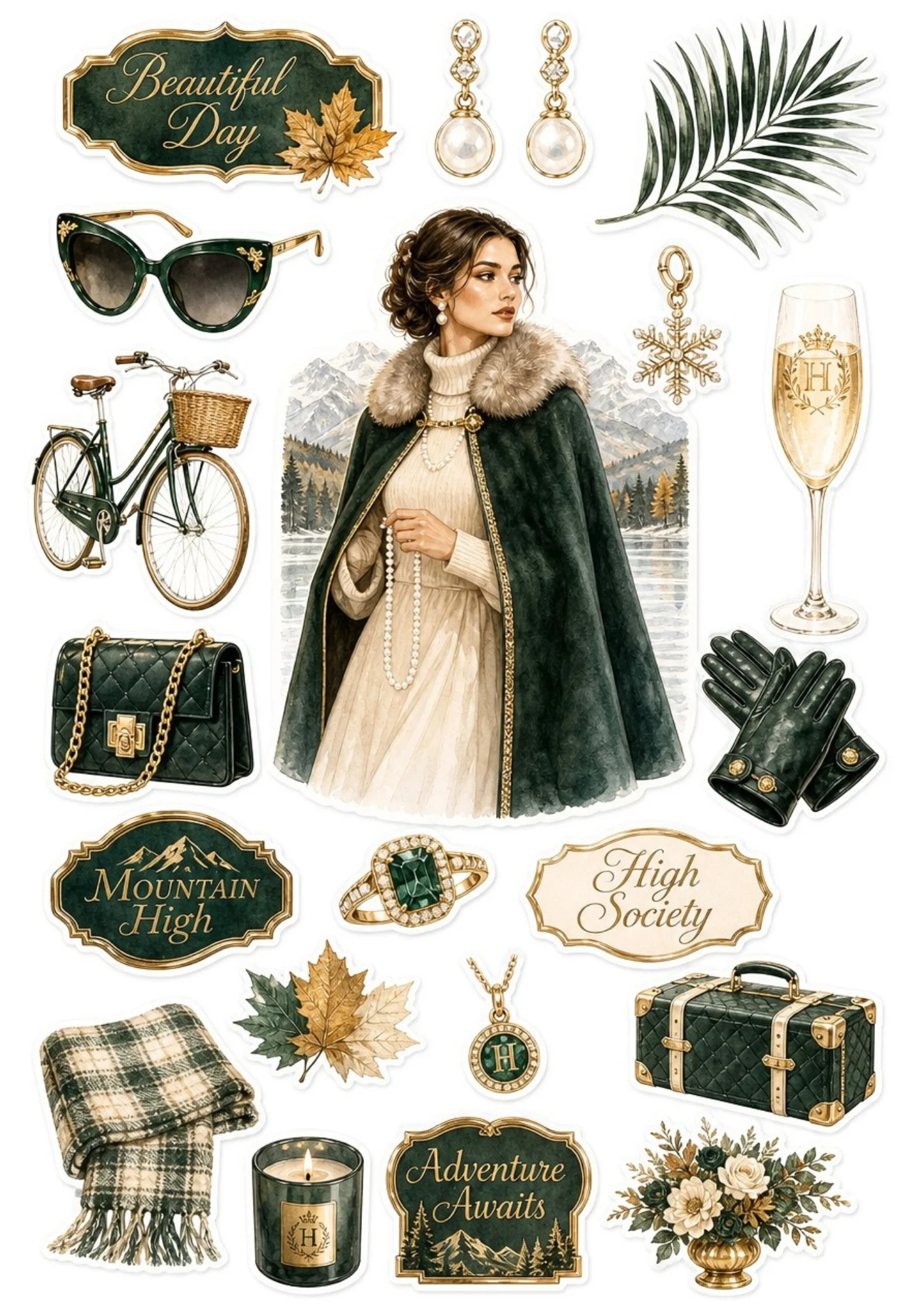 A printable aesthetic sticker sheet depicting a woman in a fur-trimmed velvet cape by a mountain lake, with green bicycles, emerald rings, and plaid scarves.