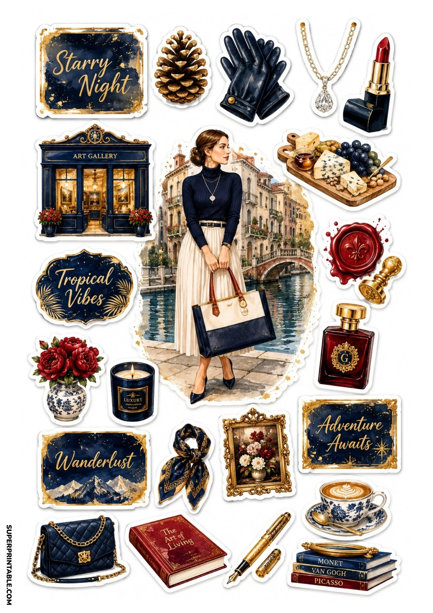 Printable sticker sheet featuring a woman by a Venetian canal, an art gallery storefront, charcuterie board, red roses, and decorative art history books.