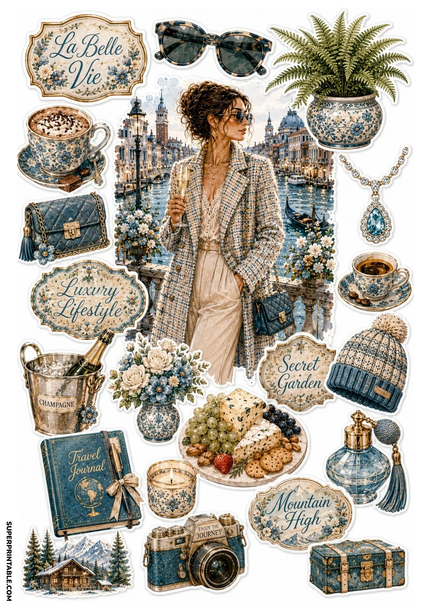 Printable sticker sheet showing a woman by Venice canals with blue and gold luxury travel stickers.