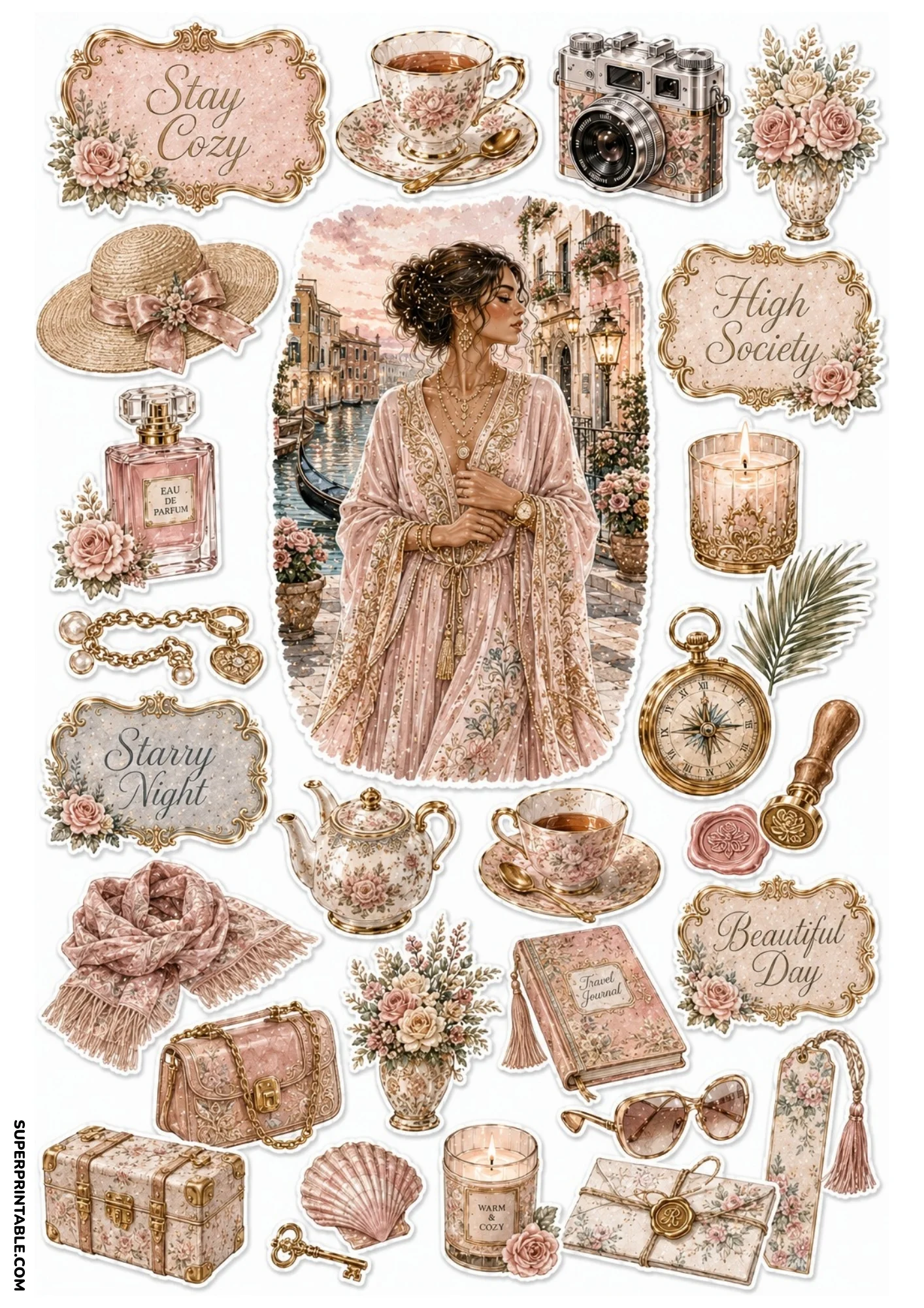 Soft rose pink sticker sheet showing a woman in a Venetian lace kaftan, floral tea set, vintage camera, envelope, and decorative scroll labels.