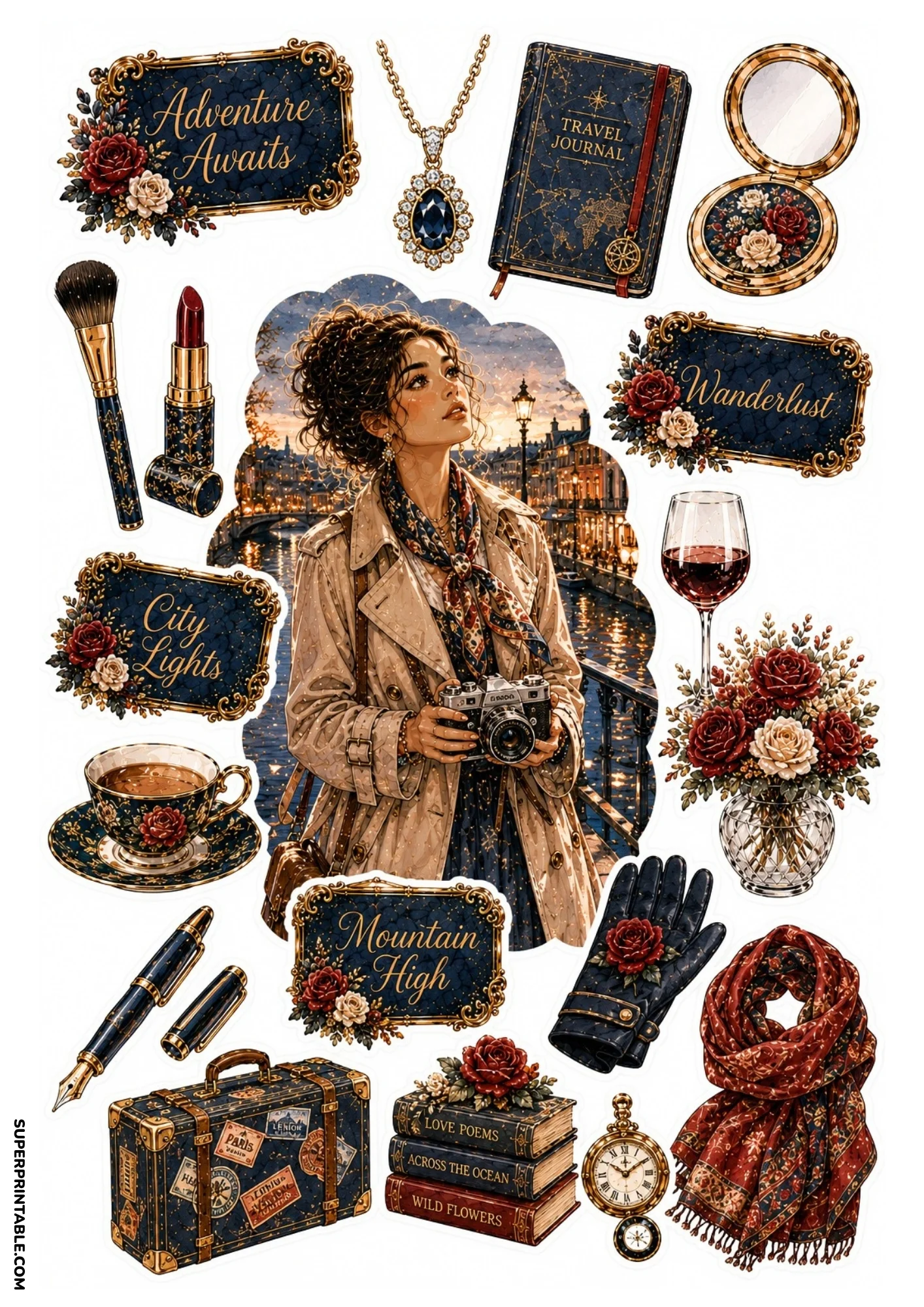Printable sticker sheet depicting a woman holding a camera on a Venetian bridge at twilight, with travel trunks, fountain pen, travel journal, and red rose bouquet.