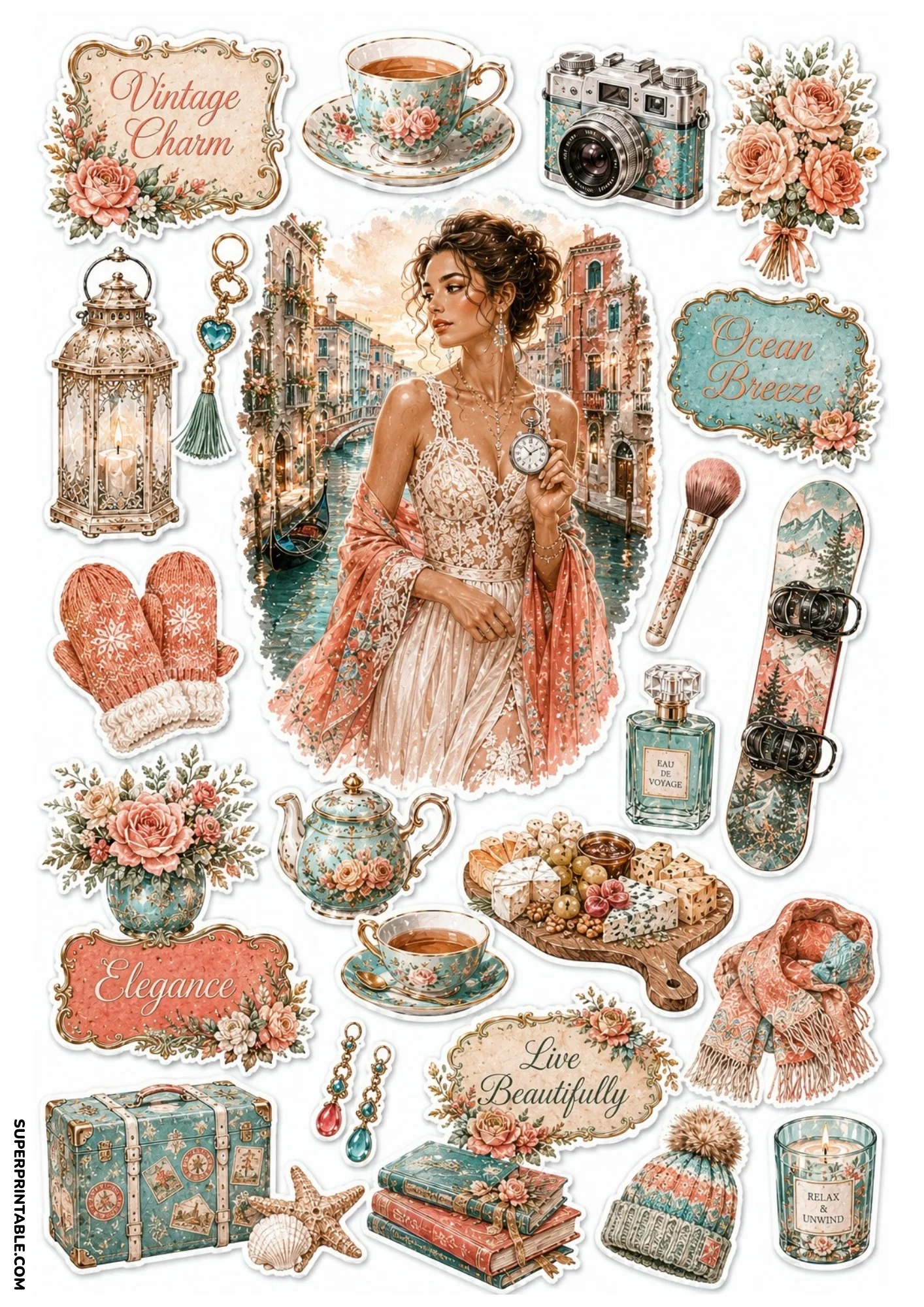 Peach and sage sticker sheet featuring a woman on a Venice canal balcony, teacups, floral vase, vintage suitcase, and soft pink labels.