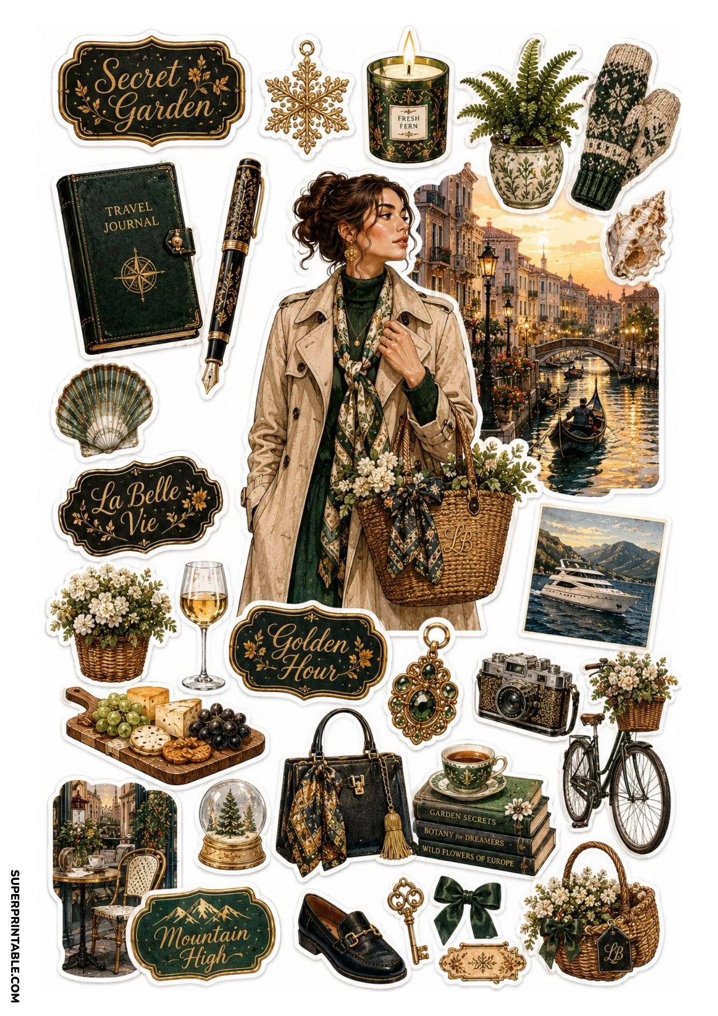Printable sticker sheet centered on a woman by Venetian canals at sunset, flanked by forest green stickers including a superyacht picture, green travel journal, flower baskets, and cheese board.
