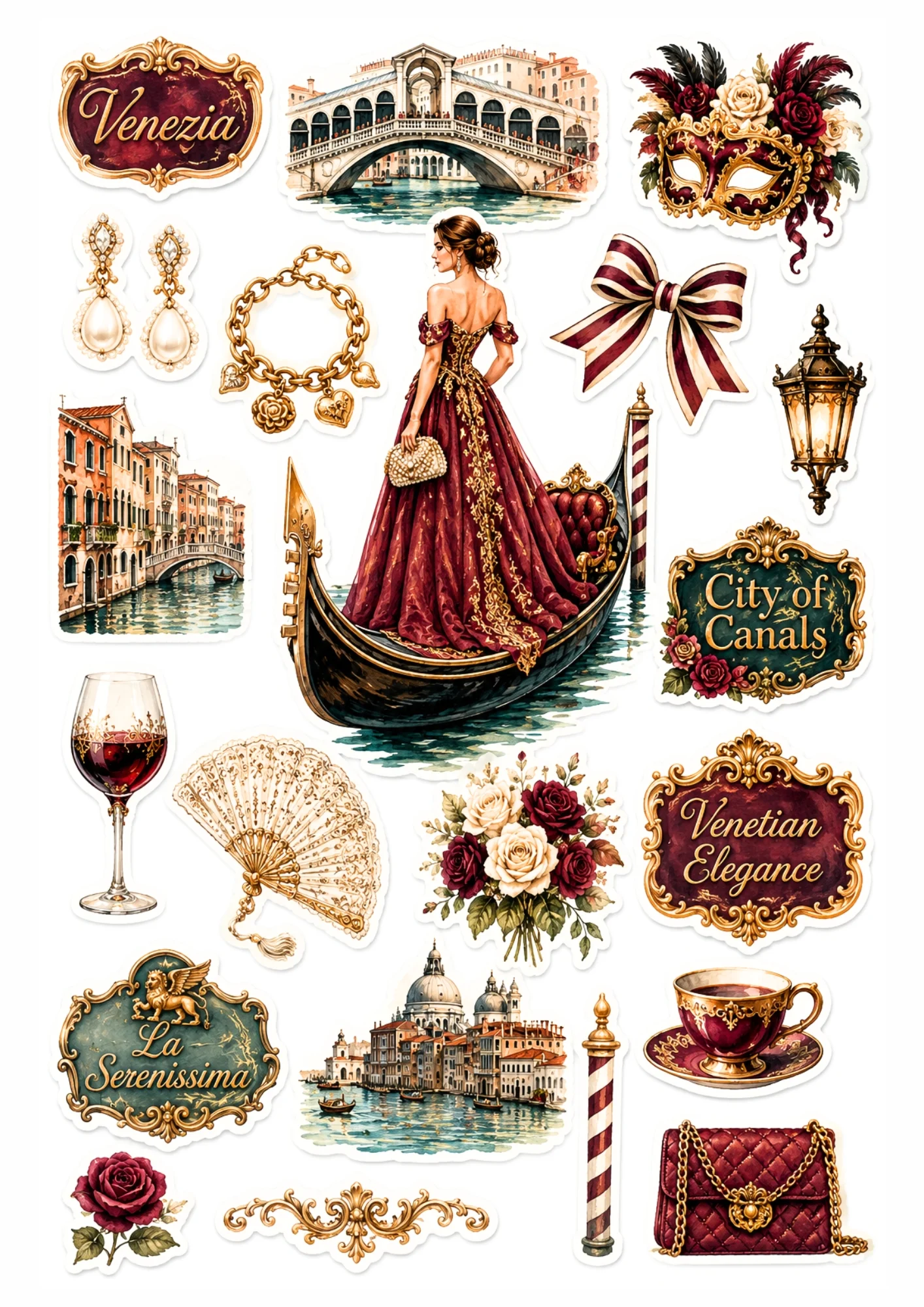 Watercolor Venice sticker collection with a woman in a burgundy gown on a gondola, Rialto Bridge, masquerade mask, and gold accessories.