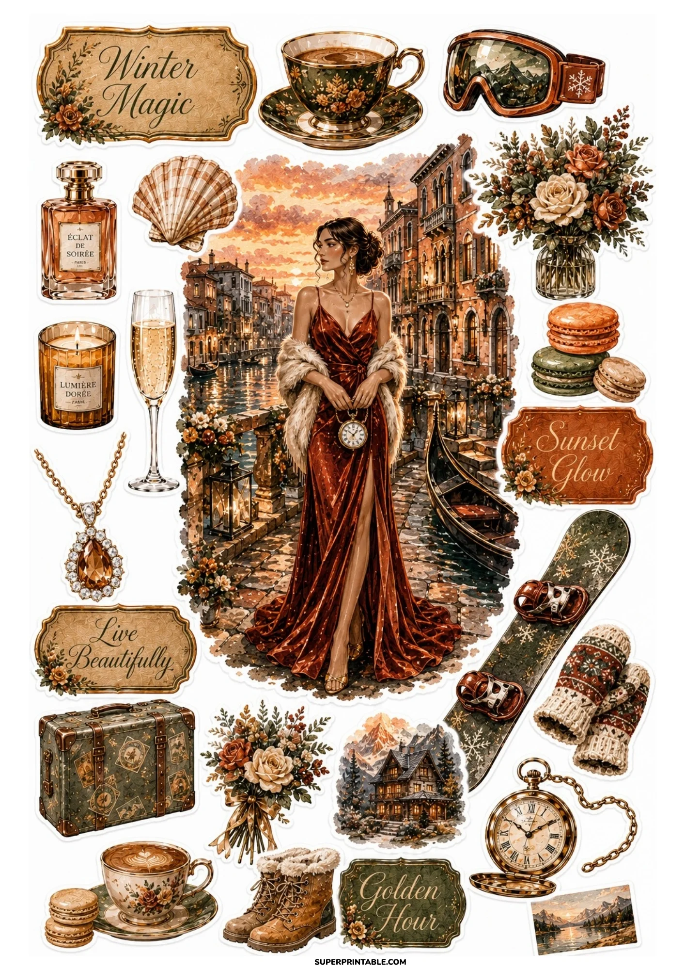 A printable sticker sheet showing a woman in a red silk dress by a Venice canal, alongside a green snowboard, leather boots, luggage, and macarons.