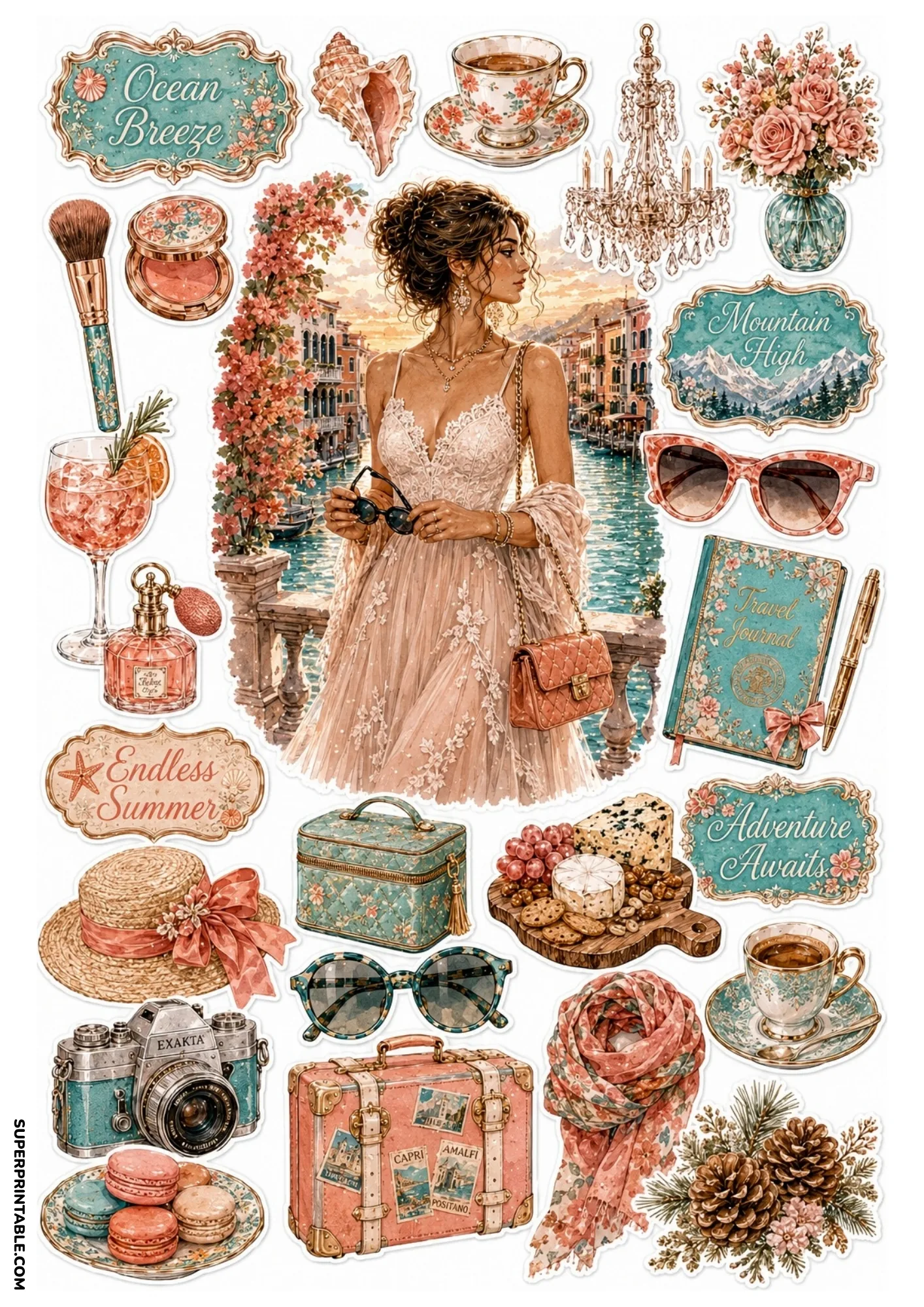 Sticker sheet featuring a woman on a Venice waterfront balcony surrounded by romantic pink travel stickers.