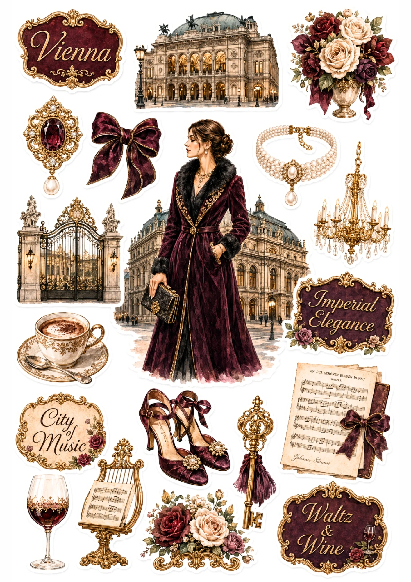 Vienna watercolor stickers featuring a woman in a velvet coat by the Opera House, sheet music, crystal chandelier, and coffee cup.